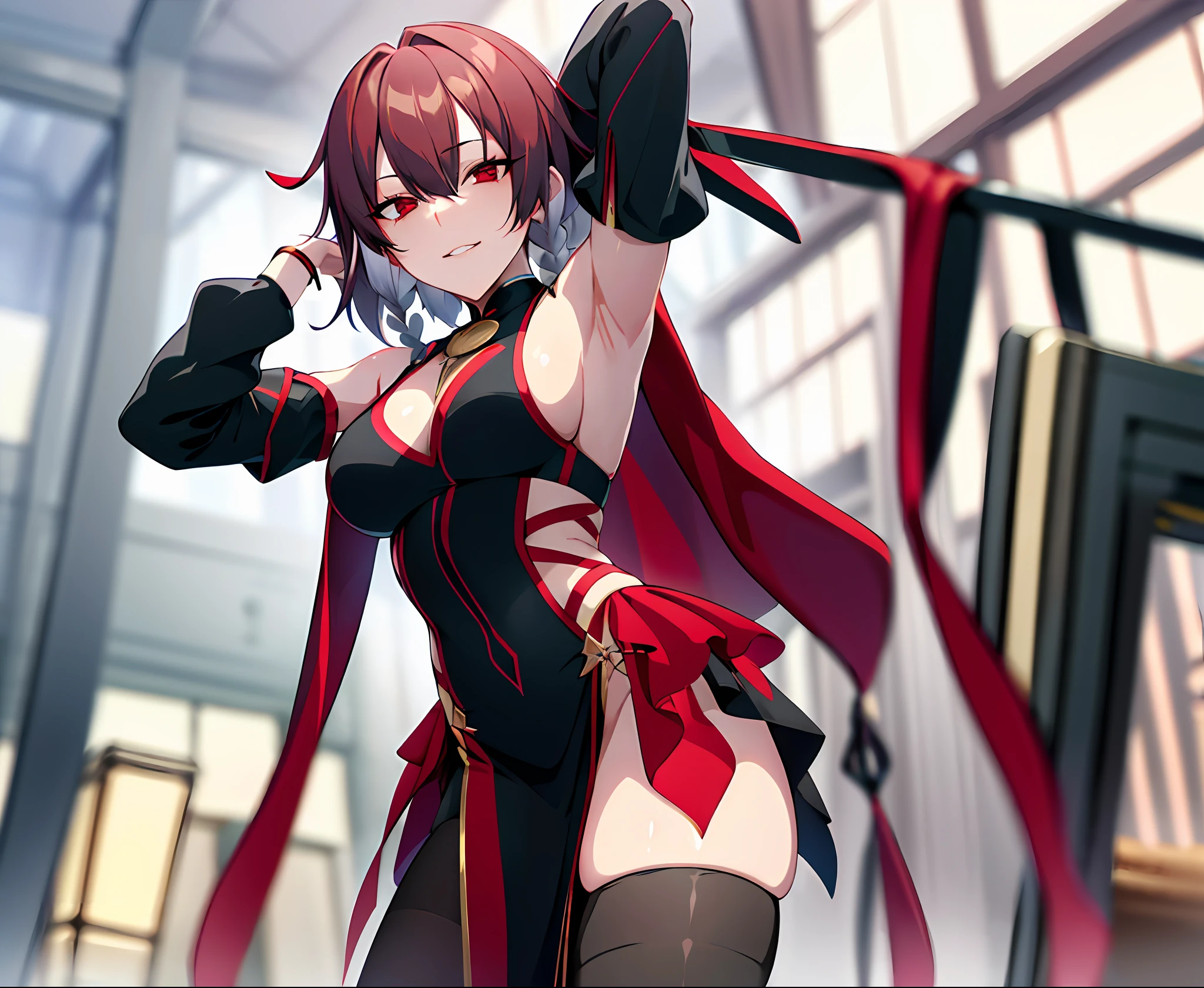 As a tree, Masterpiece, unbelievable Ridiculous, Best quality, Arms up, 1girll, Solo, Daoyagao, Proud, Smug, Medium breasts, (Dark red hair and gray gradient hair:1.4), Hair over eyes, (Front braids:1.3), Light red eyes, Detailed eyes, (Earthpunk-style costumes and sets:1.4), Wear tube stockings and a short hakama skirt,No jewelry or neck ornaments, (Inside the tank), Beautiful background, amazing background