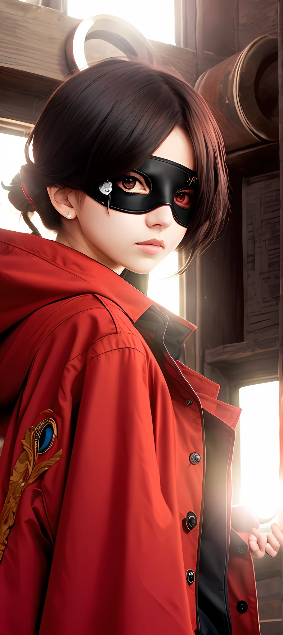 Anime - wearing a bright red coat，Black hair with an eye patch underneath，Cover your forehead with a pocket，Radiance through，Eyes in shadow