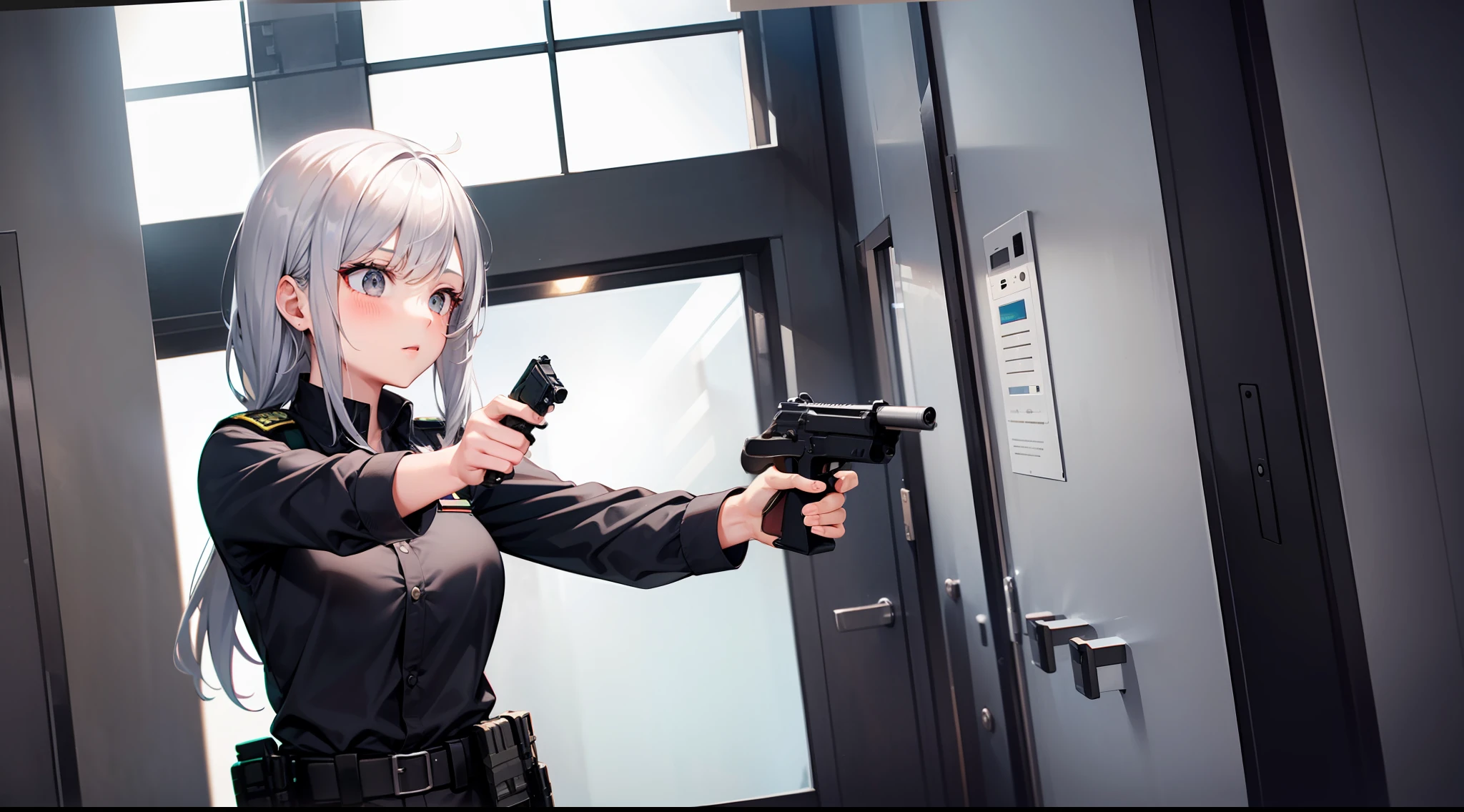 1 girl, hand gun, shooting, in the building, silver hair, grey eyes, black clothes, special operations, special force, cinematic action
