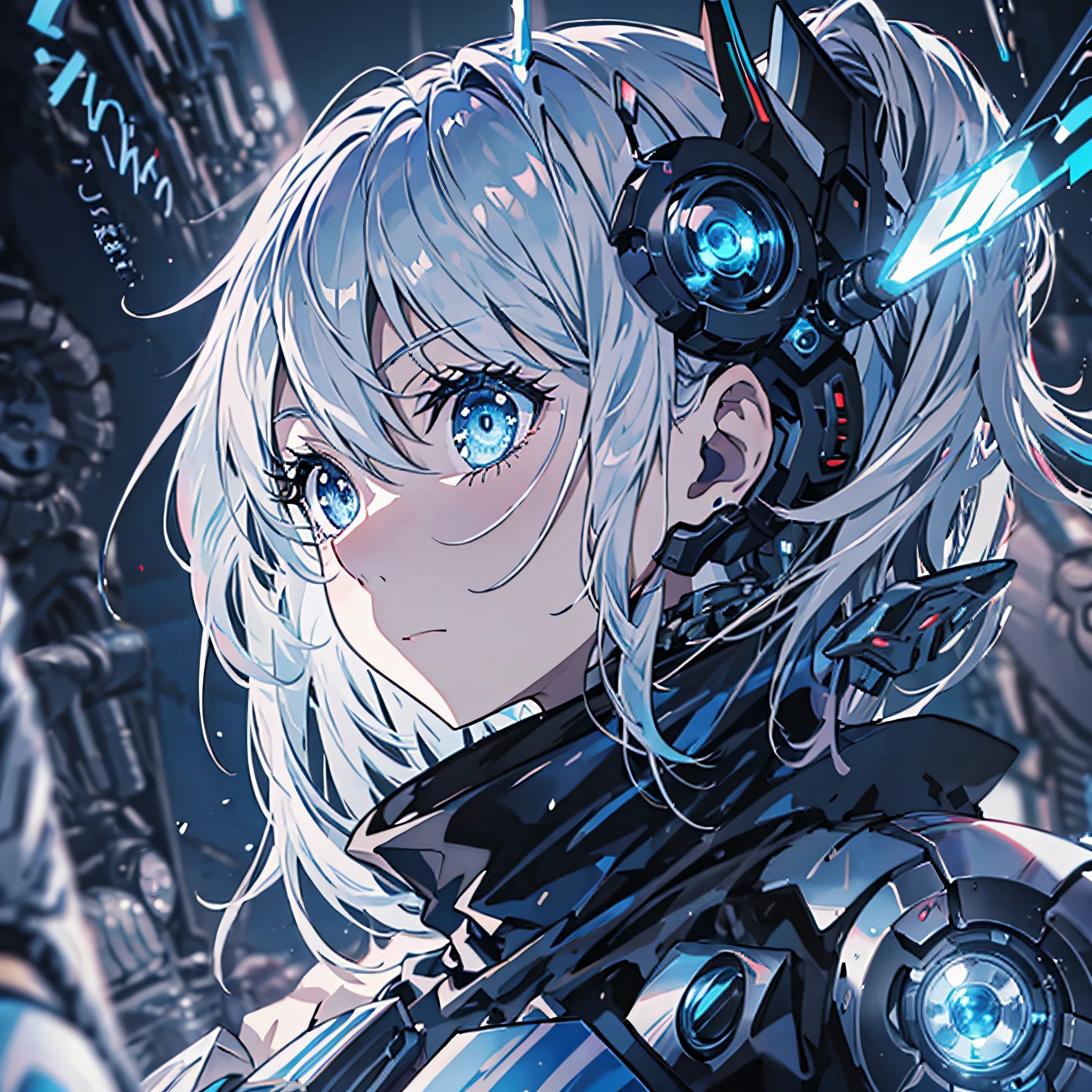 (anime girl with blue eyes), best anime 4k konachan wallpaper, with glowing blue eyes, anime robotic mixed with organic,blue cyborg eyes, anime cyborg, cyberpunk anime girl mech, mecha asthetic, his eyes glowing blue, a teen biopunk cyborg, anime manga robot!! anime girl, metal and glowing eyes, (zoom:1.5), cool expression, face in profile