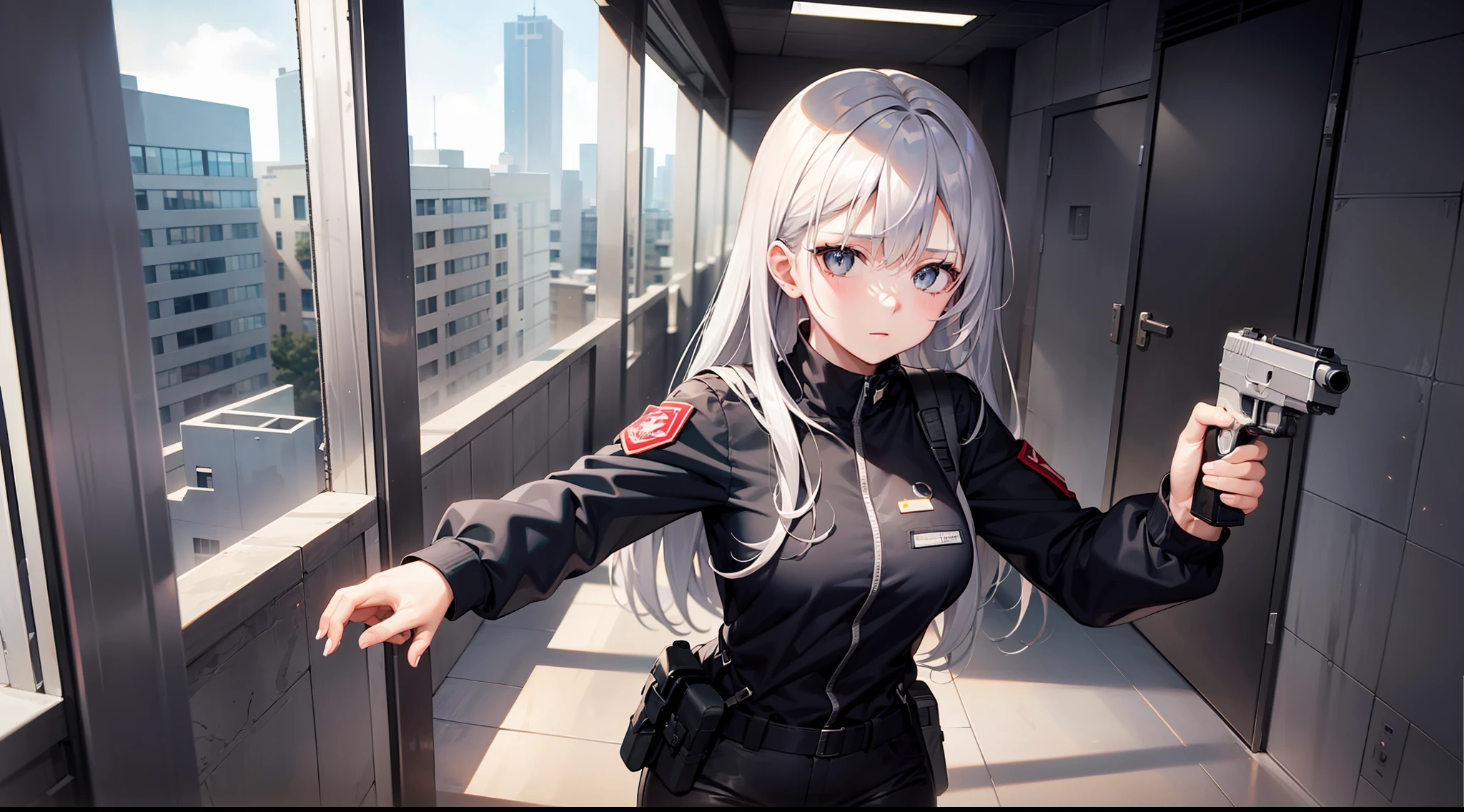1 girl, hand gun, shooting, in the building, silver hair, grey eyes, black clothes, special operations, special force, cinematic action