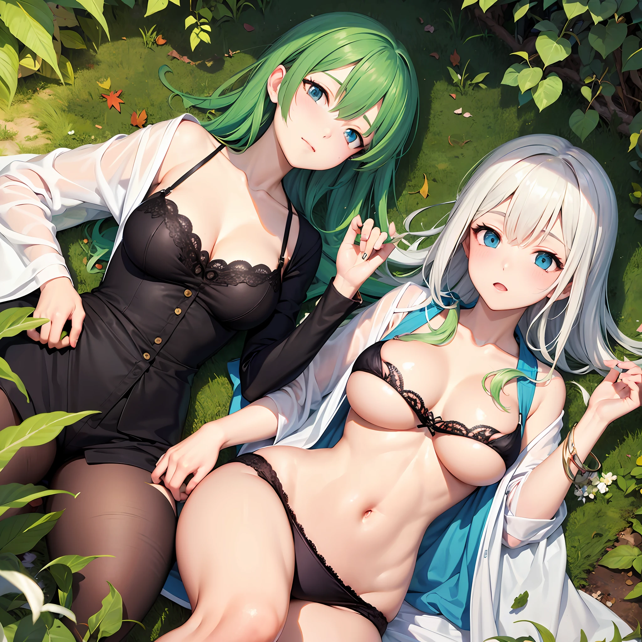 ln the forest,lesbian art,Underwear is scattered all over the place,One person took off half of his clothes,A white-haired red eye,eBlue eyes,Green hair,long whitr hair,Lie on scattered leaves,Behave intimately,anime big breast,Extreme --auto