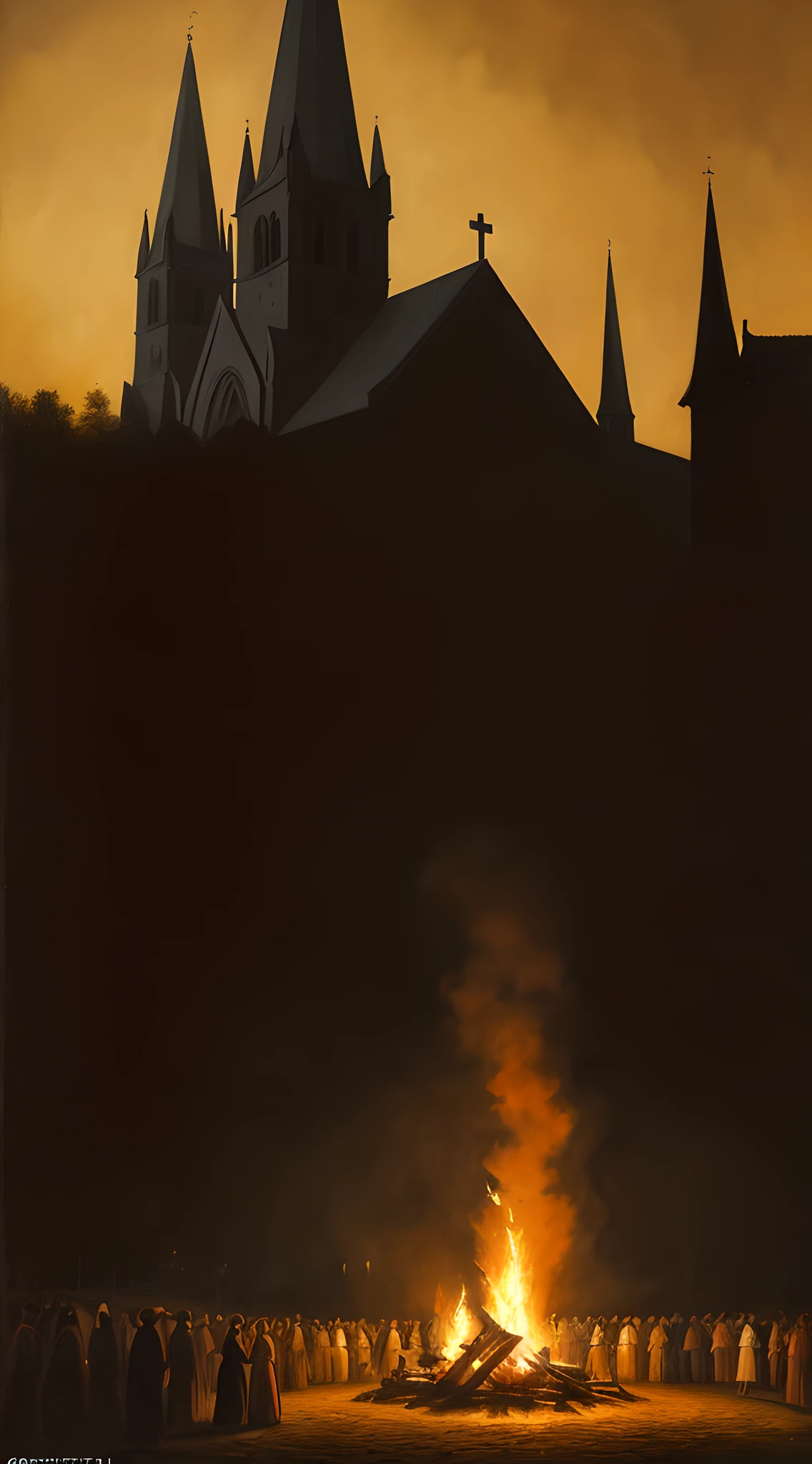 (masterpiece, oil painting, detailed, Greg Rutkowski style:1.3), terrified woman accused of witchcraft, ragged dress, (wide fear-filled eyes:1.1), chained at the stake, roaring fire, hysteric crowd, pitchforks, torches, 15th-century European village backdrop, darkened skies, (ominous church silhouette:1.2), subtle orange glow reflecting off cobblestones, intense emotions, warm colors, dramatic lighting, diagonal shot, facing the crowd.