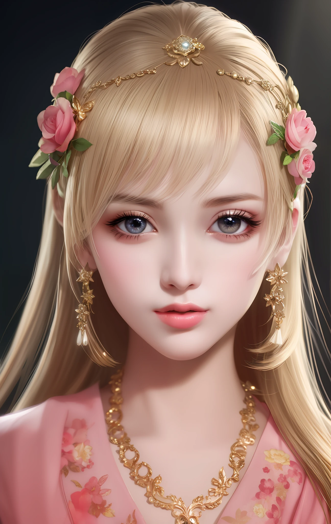 animesque、anime styled、ssmile、portraitures、Beautifully moisturized amber eyes like clear glass、Beautiful blonde hair without hair ornaments, extremely detailed eye and face, Beautiful detailed eyes,  ultra-detailliert, hight resolution, ighly detailed, top-quality, ​masterpiece,  illustratio, ighly detailed, nffsw, unification, 8k wallpaper, splendid, finely detail, One person３１Year old girl