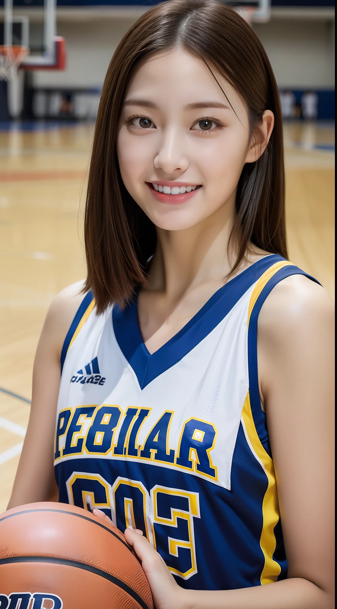 (4K、top-quality)、(realisitic、Photorealsitic)、
1girl in、独奏、(face to the viewer)、basketball、Basketball Uniforms、Indoor basketball court、Bob Hair、full bodyesbian、Sweat on the face、a smile、
perfect hand、
finerly detailed face、20yr old、