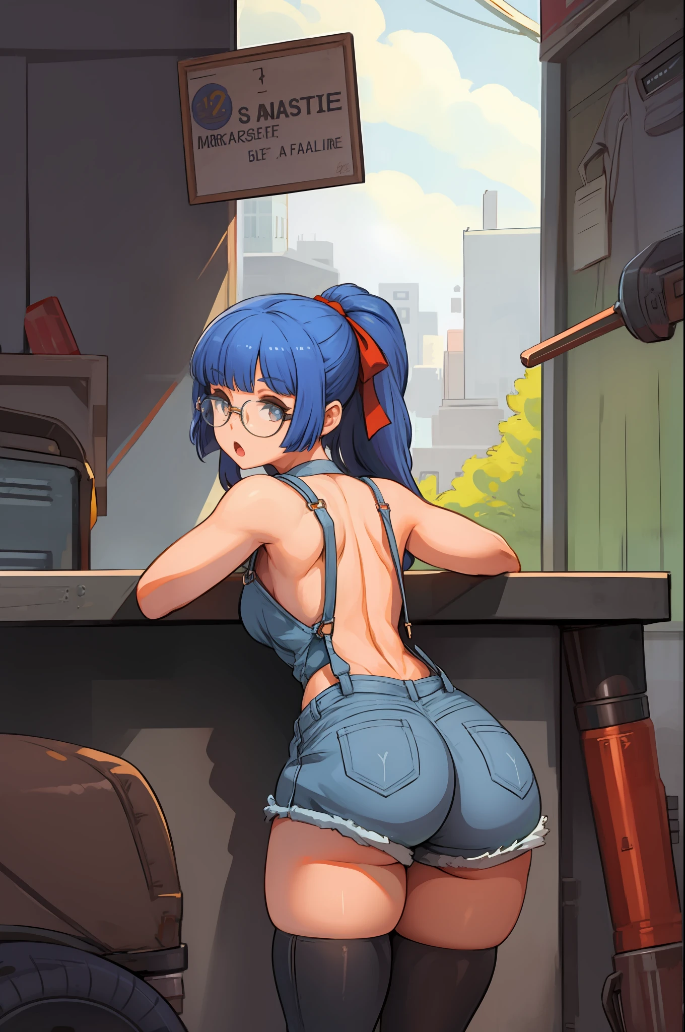 1girl, masterpiece, best quality, highly detailed, illustration, maria custard, indoors, garage, standing, overalls, from behind, looking back, ass, leaning forward, gears, mechanic, glasses, hair ribbon, :o,