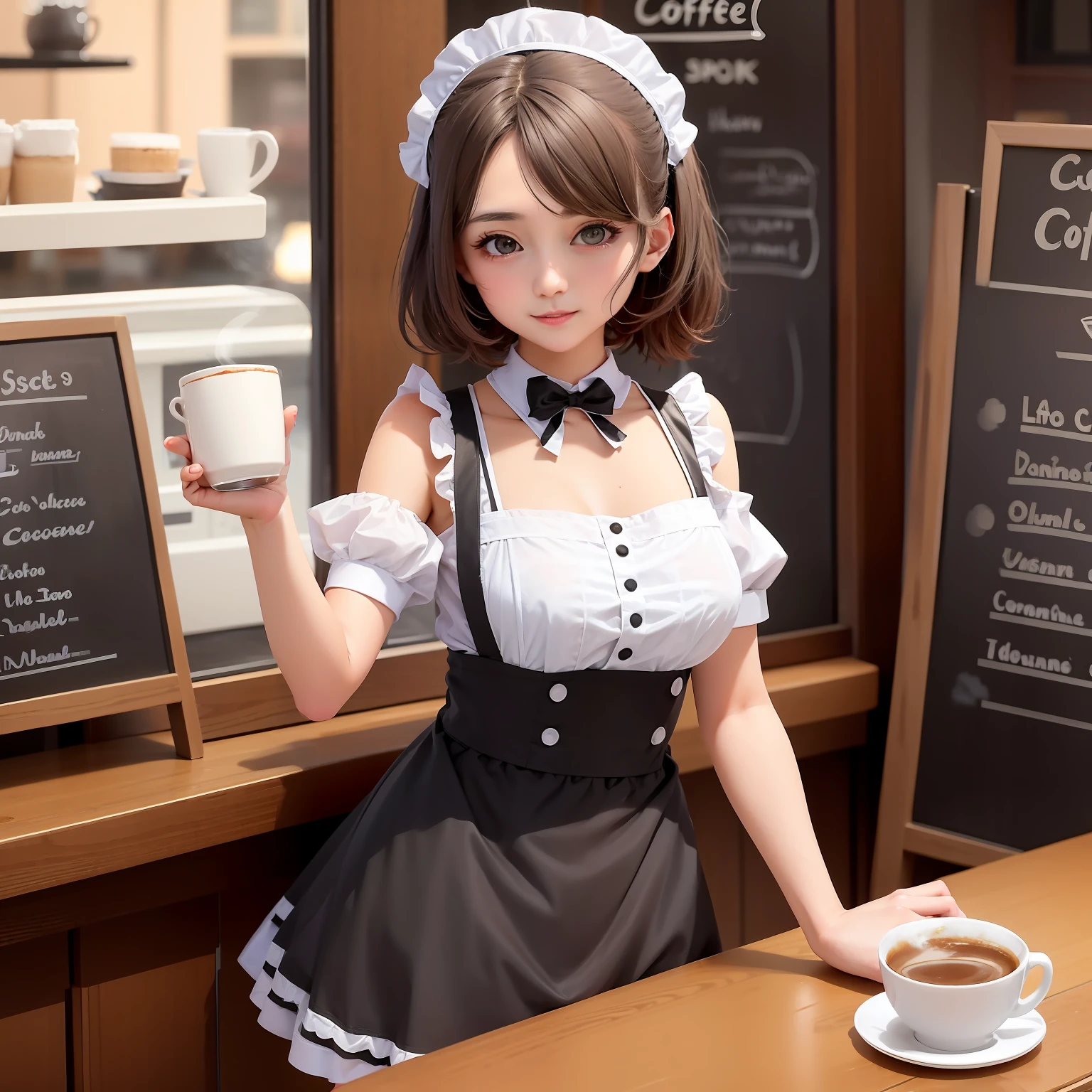 There was a woman in a maid costume holding a cup of coffee, anime girl in a maid costume, mysterious coffee shop girl, gorgeous maid, Maid outfit, cosplay of a catboy! maid! dress, ( Waitress ) Girl, japanese maid cafe, Maid dress, Loli, wearing maid uniform, anime cat girl in a maid costume, trending on cgstation，Realisticstyle，The coffee cup was steaming，Increase the beam