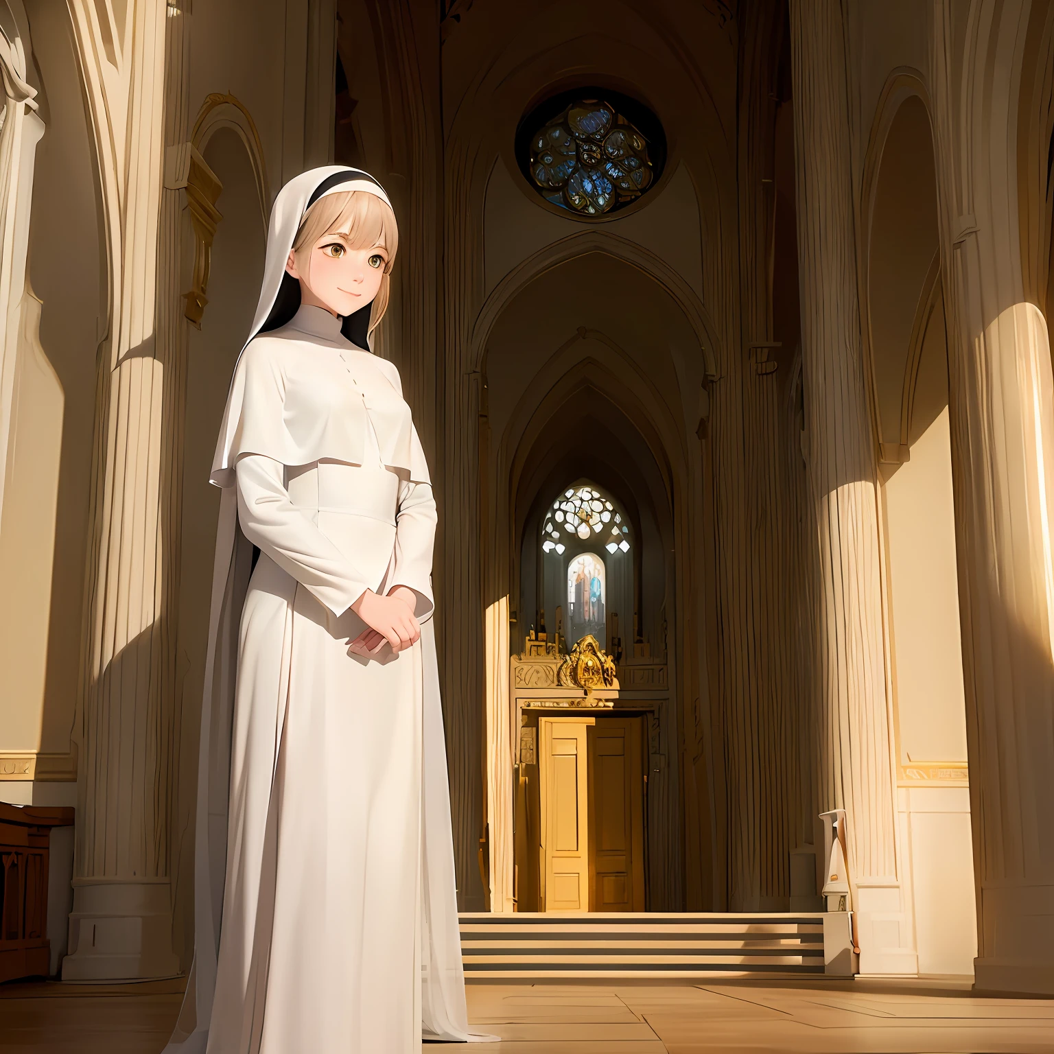 (extremely detailed CG unity 8k wallpaper, masterpiece, best quality, ultra-detailed), Delicate and delicate painting style and theme,The nun wears a white robe,Bring a dark shawl,Wearing a white Roman turban,Open a pair of clear and bright eyes,Elegant and serene face,A smiling look,Standing quietly in the promenade in front of the church,The sun is warm,A faint shade of light and shadow gold renders the entire scene,Convey a sense of serenity with immeasurable merit,It's like entering another world。(concentrate:For better results,Appropriate expression modifiers can be added to the Prompt as needed,For example, highlights、Low shadow、Exquisitely、dynamics, etc) --auto