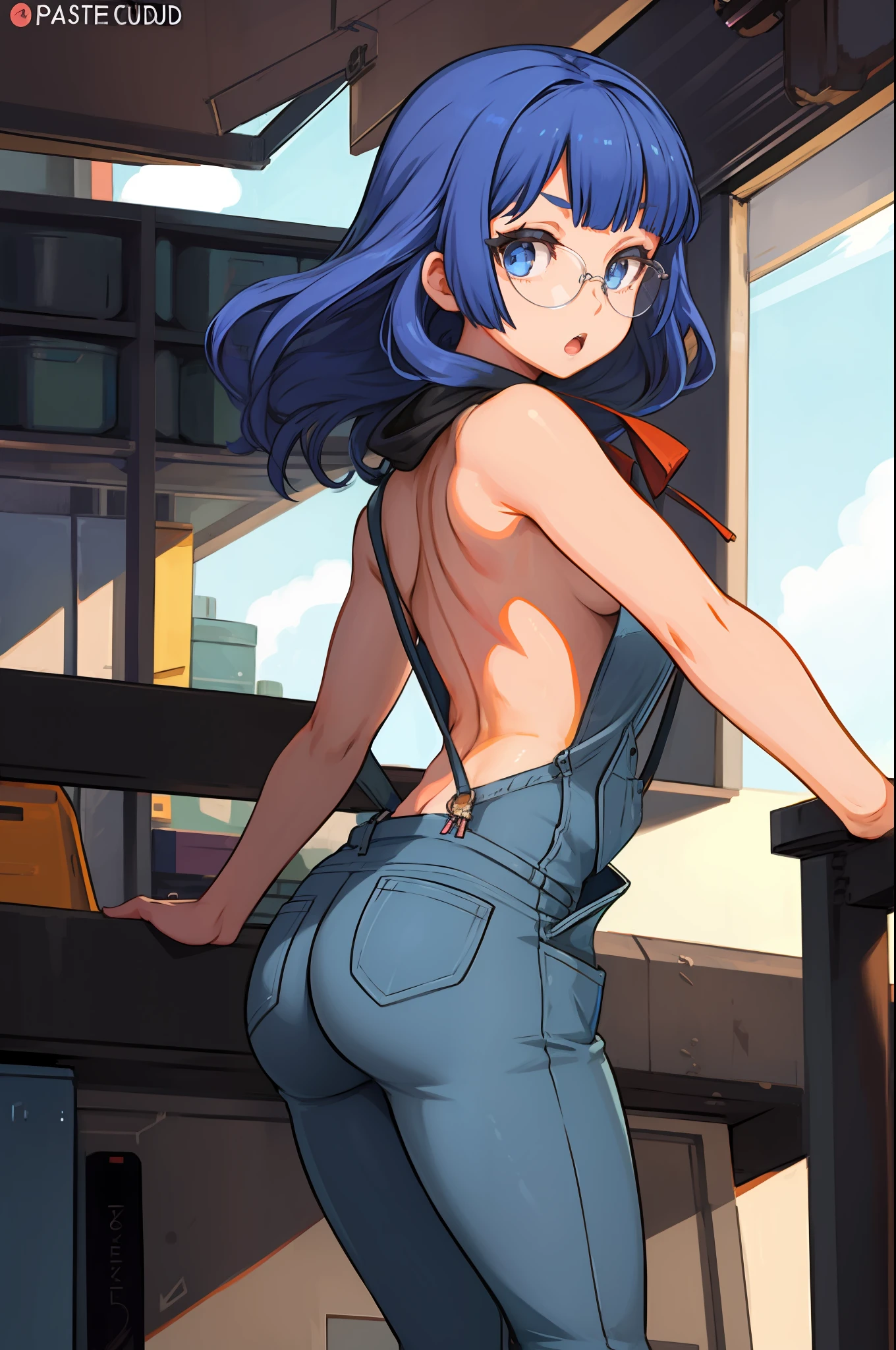 1girl, masterpiece, best quality, highly detailed, illustration, maria custard, indoors, garage, standing, overalls, from behind, looking back, ass, leaning forward, gears, mechanic, glasses, hair ribbon, :o,