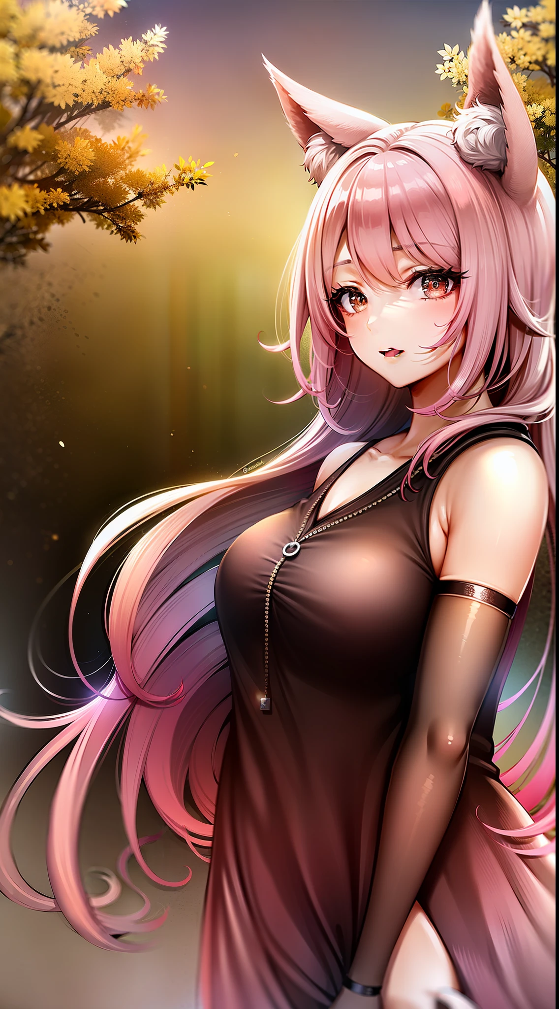 Adult woman, pink hair, low ponytail, white eyes, Fox ears, Foxtail, open dress, Masterpiece, hiquality