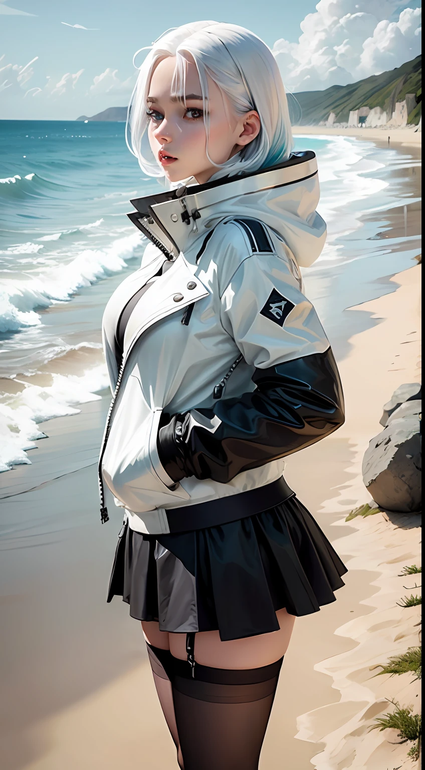 White miniskirt,Pale blue hair,black lence stockings,the sea,sandbeach,White down jacket,sports cars --auto