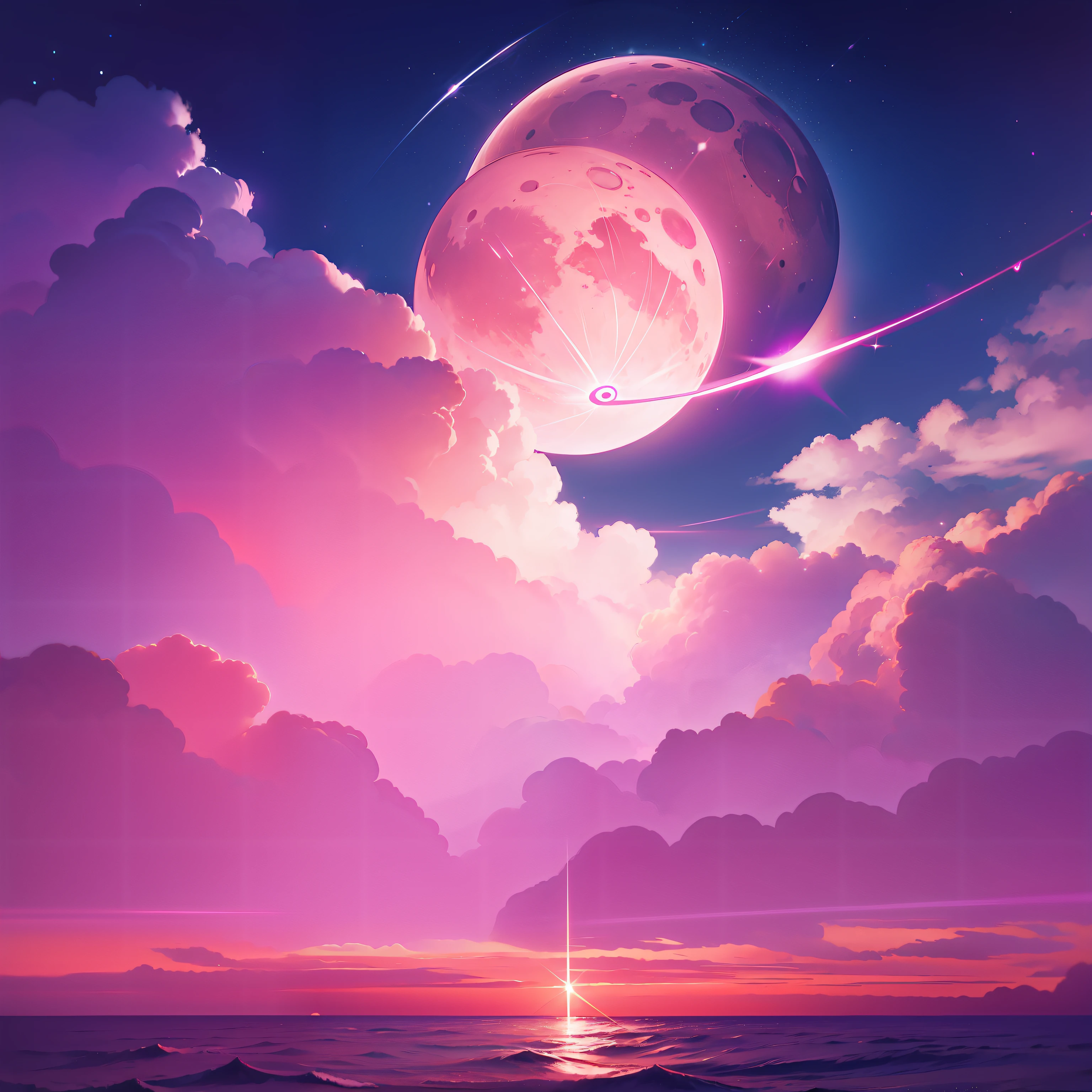 Pink moon, pink sky, pastel pink clouds, pink waves sparkling, sparkling, pink ocean, fantasy, soft lighting, ultra hd, realism, cinematic effects, lens flare