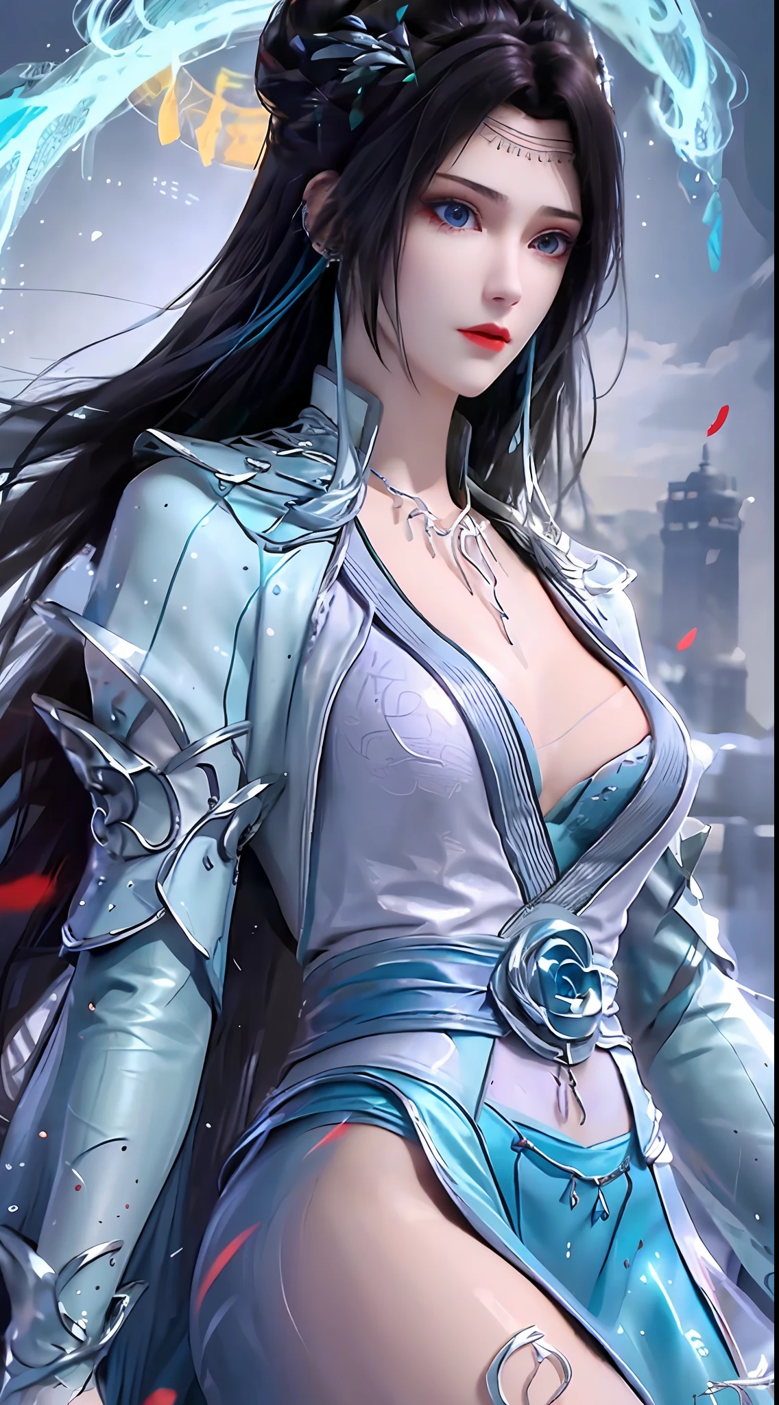 1 hot sexy beautiful girl in blue hanfu silk blouse, blue silk top with white pattern, white lace trim, purple black long ponytail, blue aura on the girl's back, hair jewelry, ear jewelry, necklace and necklace, big blue eyes meticulously made up, thin eyebrows, extremely detailed and sharp eye makeup, high nose, pretty red lips, no smile, pursed lips, rosy cheeks, enlarged breasts, large breasts, well-proportioned breasts, slim waist, blue mesh socks, wide sleeves, (2 straight arms: 1.7), Chinese hanfu style, art motifs fantasy, vivid and true colors, RAW photos, realistic photos, ultra-high quality 8k surreal photos, (wonderful lighting effects: 1.8), 10x pixels, magic effects (background): 1.8) , super detailed eyes, upper body girl, girl portrait, alone girl, hanfu historical background,