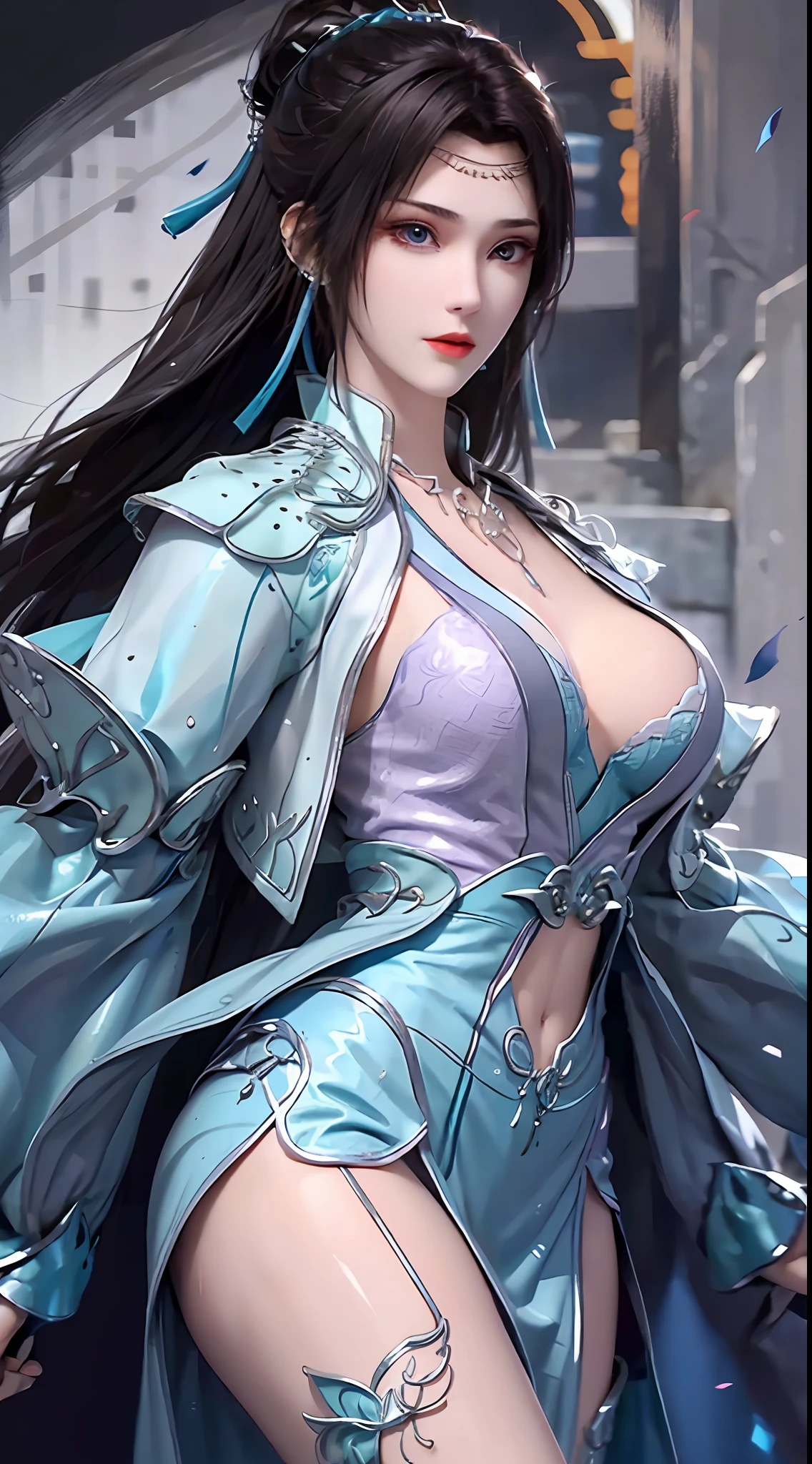 1 hot sexy beautiful girl in blue hanfu silk blouse, blue silk top with white pattern, white lace trim, purple black long ponytail, blue aura on the girl's back, hair jewelry, ear jewelry, necklace and necklace, big blue eyes meticulously made up, thin eyebrows, extremely detailed and sharp eye makeup, high nose, pretty red lips, no smile, pursed lips, rosy cheeks, enlarged breasts, large breasts, well-proportioned breasts, slim waist, blue mesh socks, wide sleeves, (2 straight arms: 1.7), Chinese hanfu style, art motifs fantasy, vivid and true colors, RAW photos, realistic photos, ultra-high quality 8k surreal photos, (wonderful lighting effects: 1.8), 10x pixels, magic effects (background): 1.8) , super detailed eyes, upper body girl, girl portrait, alone girl, hanfu historical background,