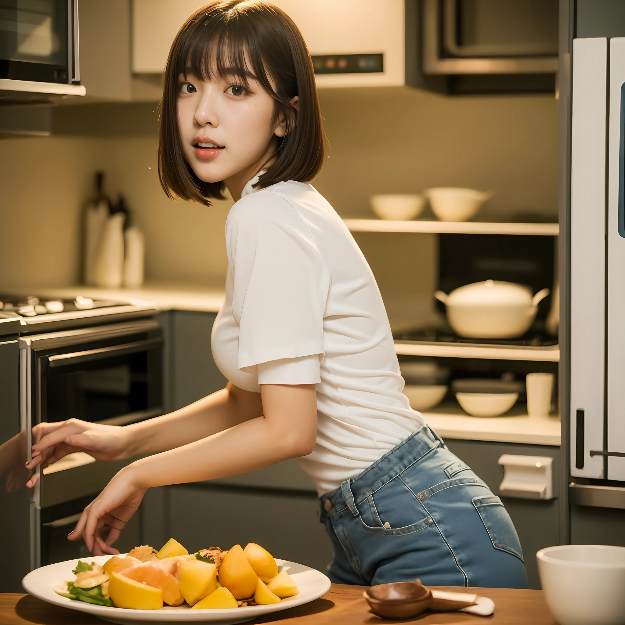 A woman stands in the kitchen，Bob cut，Holding a glass filled with water, Korean girl, Gorgeous young Korean woman, Good young girl, In the kitchen, 19-year-old girl, thicc, 21 years old, beautiful Korean women, Beautiful young Korean woman, Korean woman, 2 2 years old, young and cute girl, skinny waist and thick hips