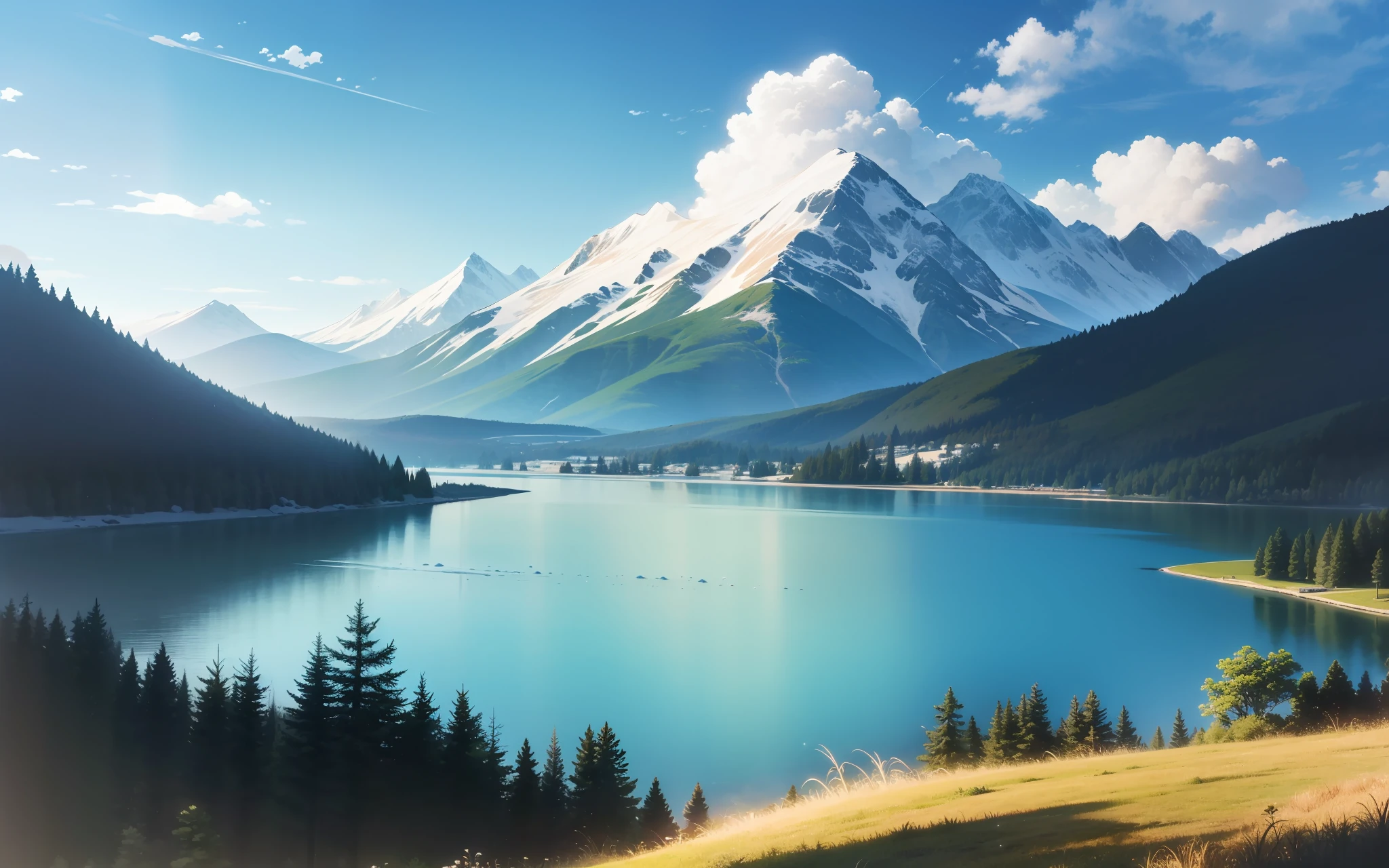 In the foreground is a lake,There is a snowy mountain in the distance,with blue sky and white clouds,Gipley style,2-dimensional,Celluloid,illustration,Nature views,夏天,Bright tones,rays of sunshine