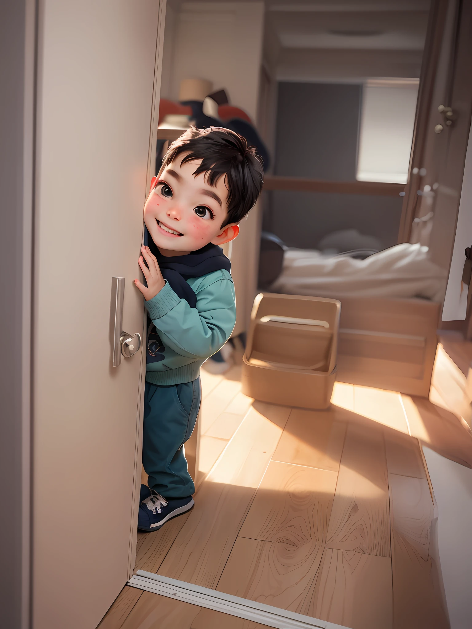 There was a  boy standing in a room，There is a ruler hanging on the wall, about to enter doorframe, leaning on door, kid, 2 years  on Canon EOS R 6, Mischievous!!, toddlers, takenith sony alpha 9, kiddy big breasts, Happy kids, mischievous expression, opening door, evan lee, Handsome，Little boy，Adonis