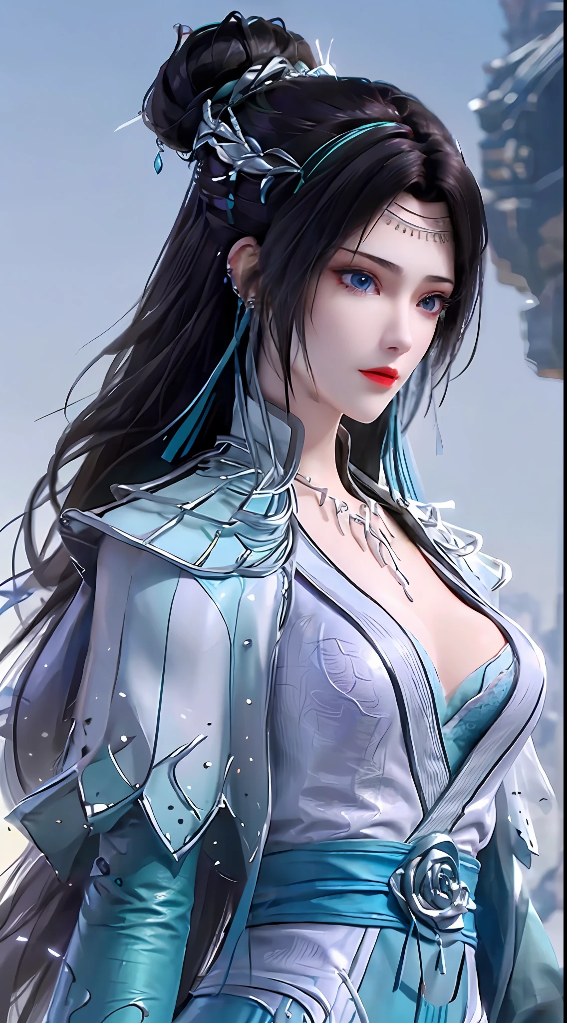 1 hot sexy beautiful girl in blue hanfu silk blouse, blue silk top with white pattern, white lace trim, purple black long ponytail, blue aura on the girl's back, hair jewelry, ear jewelry, necklace and necklace, big blue eyes meticulously made up, thin eyebrows, extremely detailed and sharp eye makeup, high nose, pretty red lips, no smile, pursed lips, rosy cheeks, enlarged breasts, large breasts, well-proportioned breasts, slim waist, blue mesh socks, wide sleeves, (2 straight arms: 1.7), Chinese hanfu style, art motifs fantasy, vivid and true colors, RAW photos, realistic photos, ultra-high quality 8k surreal photos, (wonderful lighting effects: 1.8), 10x pixels, magic effects (background): 1.8) , super detailed eyes, upper body girl, girl portrait, alone girl, hanfu historical background,