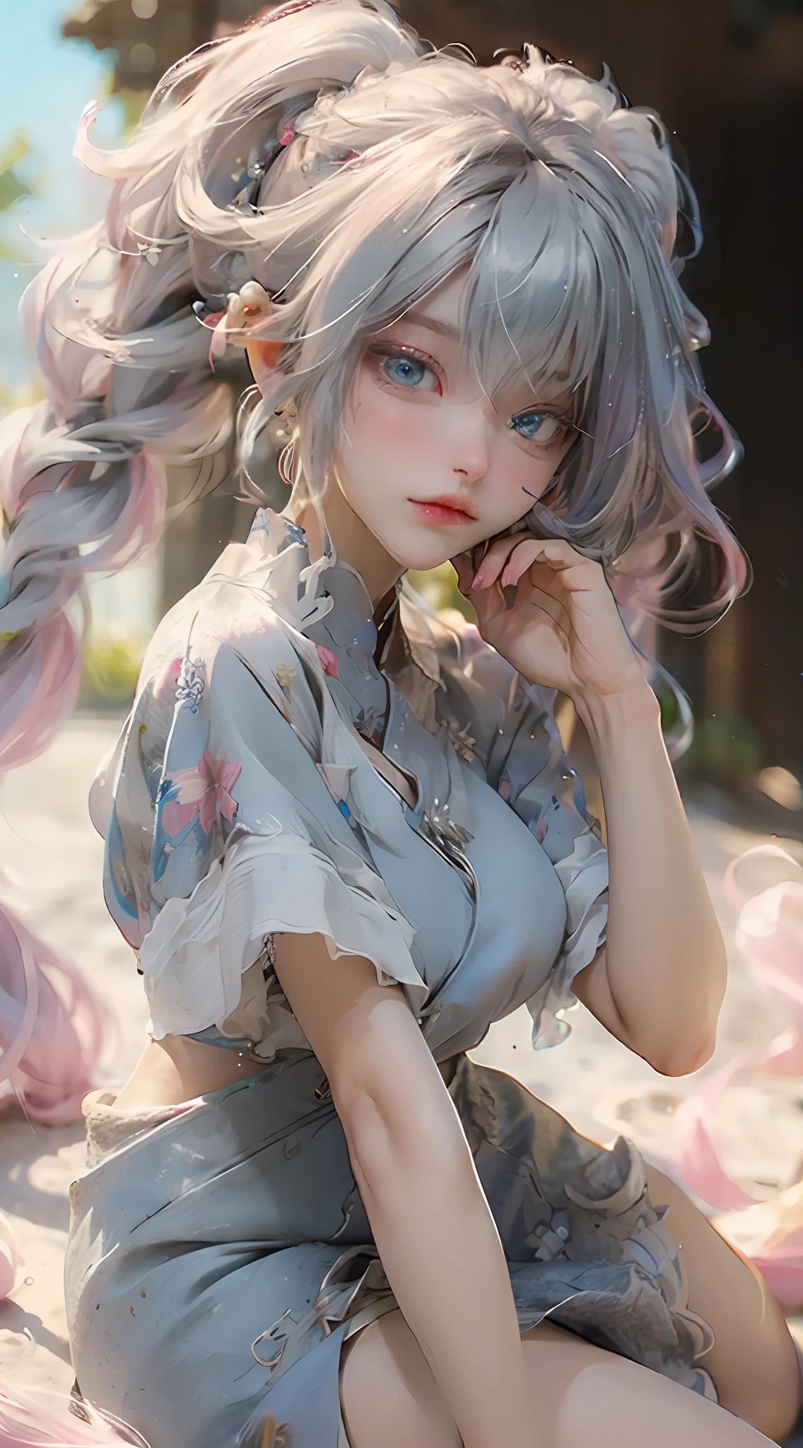 1girl in, Twin-tailed, hair adornments, Hair above one eye, blue eyess, Silvery hair, Golden Mesh, No background, a miniskirt, length hair, bangss, Pink Nails, White teeth, Most Beautiful Form of Chaos, Brutalist design, vivd colour, romanticism, Atmosphere, (Raw photography, top-quality), (realisitic, Photorealsitic:1.3), masterpiece, extremely delicate and beautiful, Very detailed and