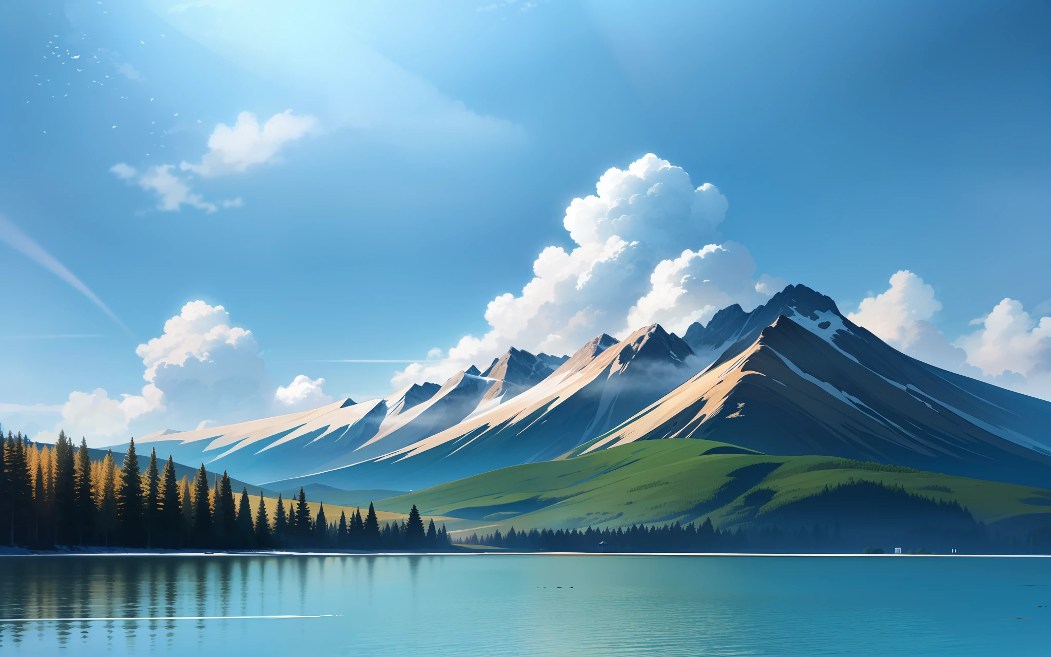 In the foreground is a lake，There is a snowy mountain in the distance，with blue sky and white clouds，Gipley style，2-dimensional，Celluloid，illustration，Nature views，夏天，Bright tones，rays of sunshine