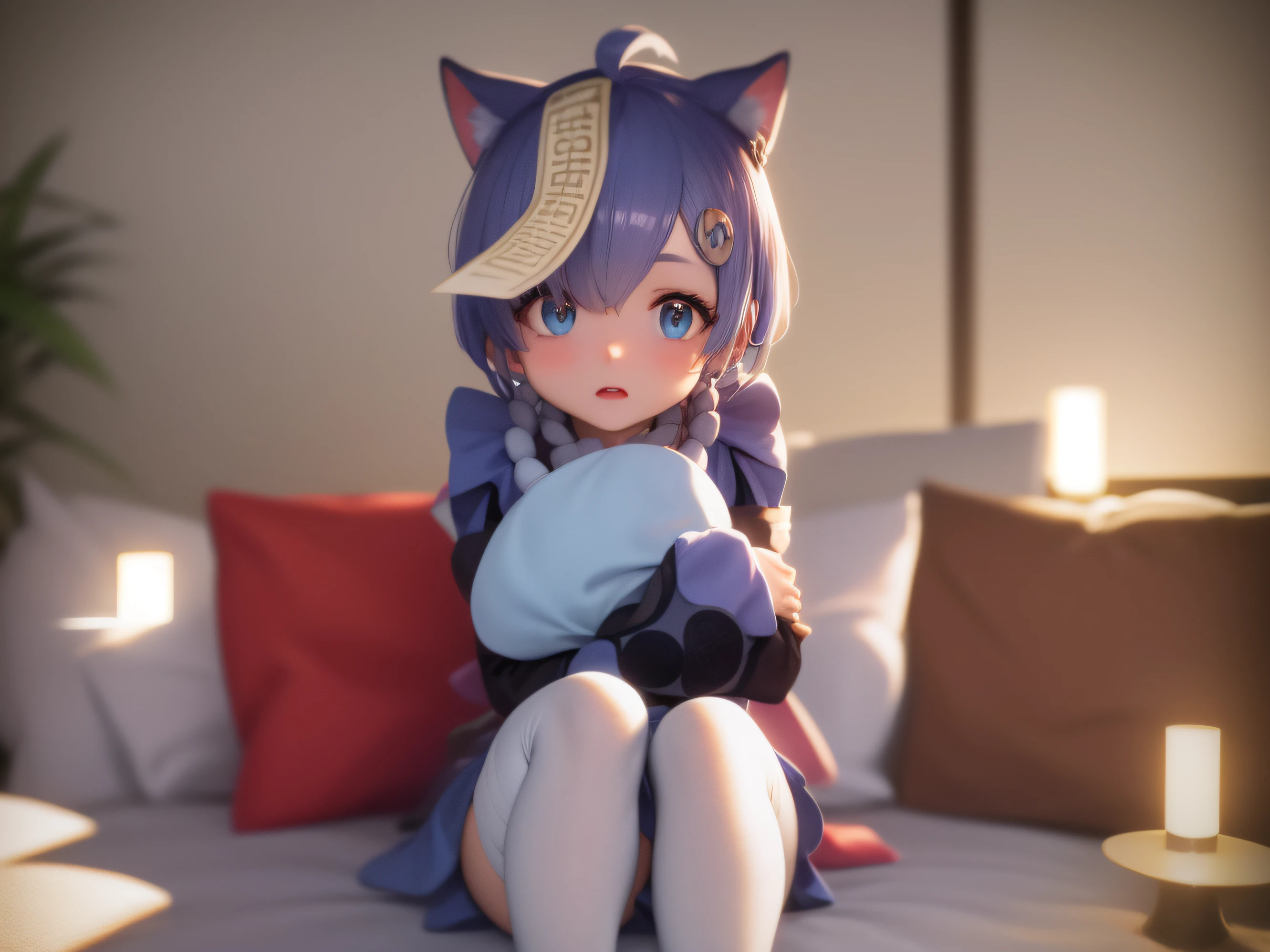 Anime character with blue hair and glasses holding a white pillow, Rem Rezero, render of a cute 3d anime girl, Anime moe art style, twintails white_mitts, live2d virtual youtuber model, anime styled 3d, Stylized anime, , 2 d anime style, saori, Anime Stylization, small curvaceous lolinder of april