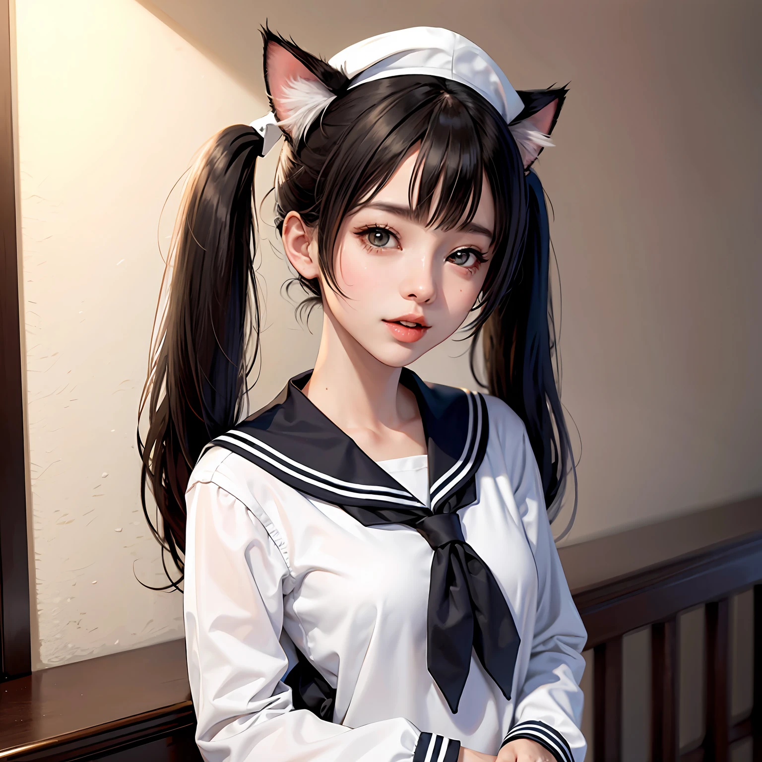 twintails, sailor hat, raised eyebrows, cat ears, oral invitation, 4K --auto