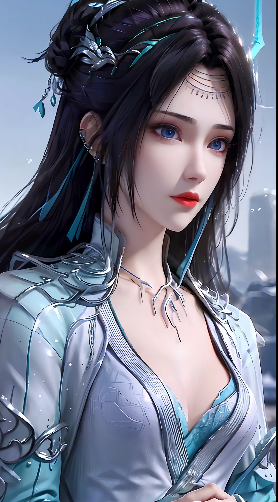 1 hot sexy beautiful girl in blue hanfu silk blouse, blue silk top with white pattern, white lace trim, purple black long ponytail, blue aura on the girl's back, hair jewelry, ear jewelry, necklace and necklace, big blue eyes meticulously made up, thin eyebrows, extremely detailed and sharp eye makeup, high nose, pretty red lips, no smile, pursed lips, rosy cheeks, enlarged breasts, large breasts, well-proportioned breasts, slim waist, blue mesh socks, wide sleeves, (2 straight arms: 1.7), Chinese hanfu style, art motifs fantasy, vivid and true colors, RAW photos, realistic photos, ultra-high quality 8k surreal photos, (wonderful lighting effects: 1.8), 10x pixels, magic effects (background): 1.8) , super detailed eyes, upper body girl, girl portrait, alone girl, hanfu historical background,