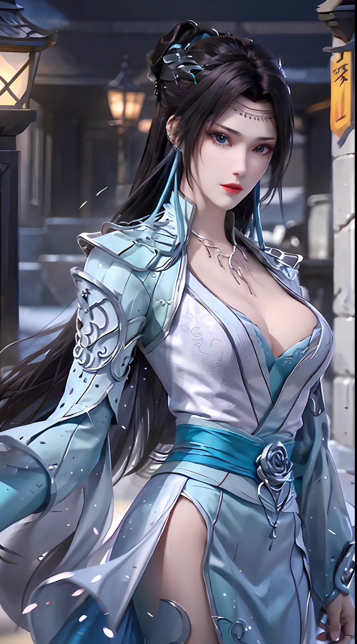 1 hot sexy beautiful girl in blue hanfu silk blouse, blue silk top with white pattern, white lace trim, purple black long ponytail, blue aura on the girl's back, hair jewelry, ear jewelry, necklace and necklace, big blue eyes meticulously made up, thin eyebrows, extremely detailed and sharp eye makeup, high nose, pretty red lips, no smile, pursed lips, rosy cheeks, enlarged breasts, large breasts, well-proportioned breasts, slim waist, blue mesh socks, wide sleeves, (2 straight arms: 1.7), Chinese hanfu style, art motifs fantasy, vivid and true colors, RAW photos, realistic photos, ultra-high quality 8k surreal photos, (wonderful lighting effects: 1.8), 10x pixels, magic effects (background): 1.8) , super detailed eyes, upper body girl, girl portrait, alone girl, hanfu historical background,