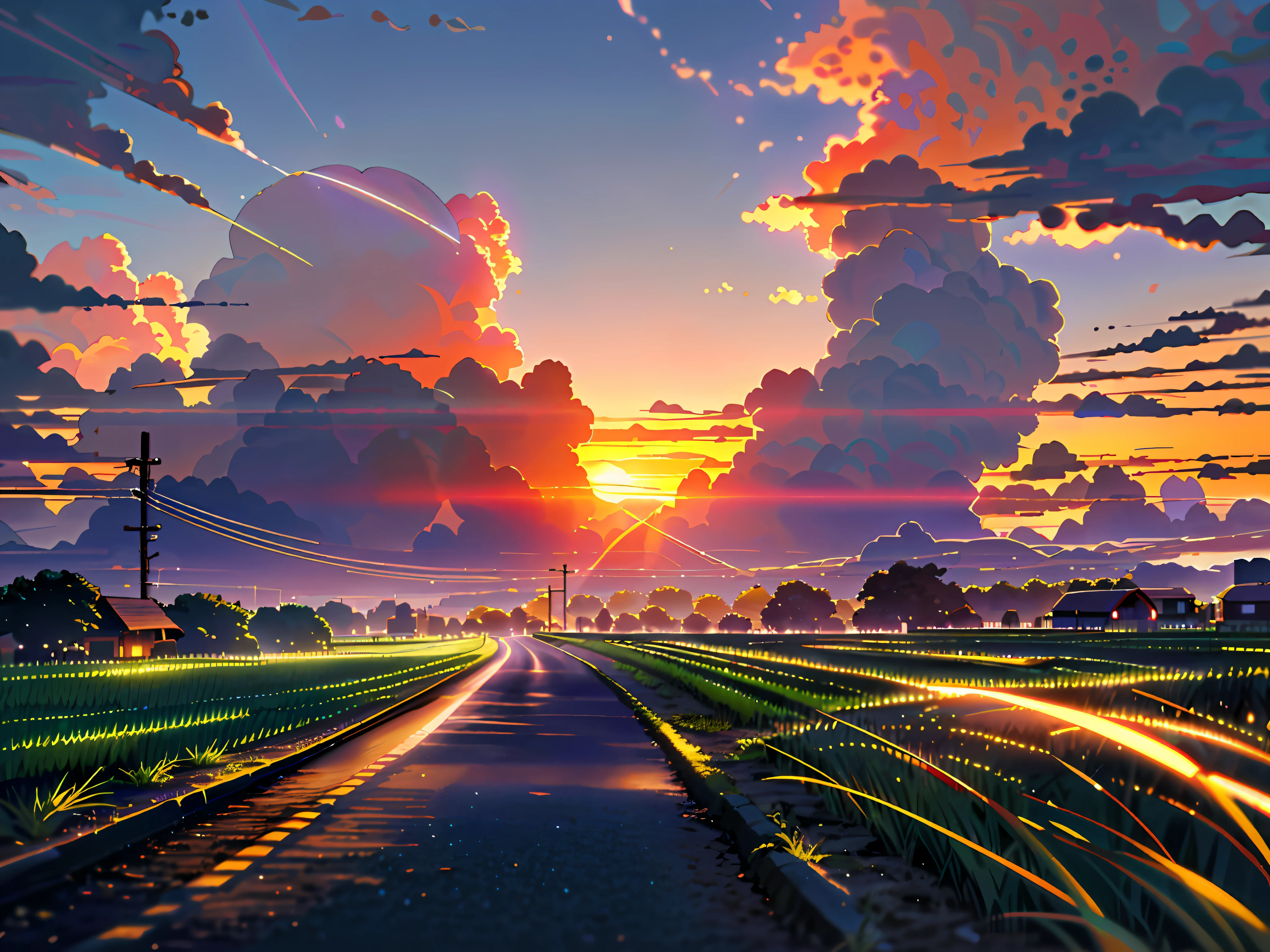 View of Alafde,On both sides of the road are green rice, late sunset, taken with sony alpha 9, with dramatic sky, taken with sigma 2 0 mm f 1. 4, taken with a Sony A7R camera, taken with canon 8 0 d, captured with sony a3 camera, Sunset in the distance, during sunrise, it is sunset