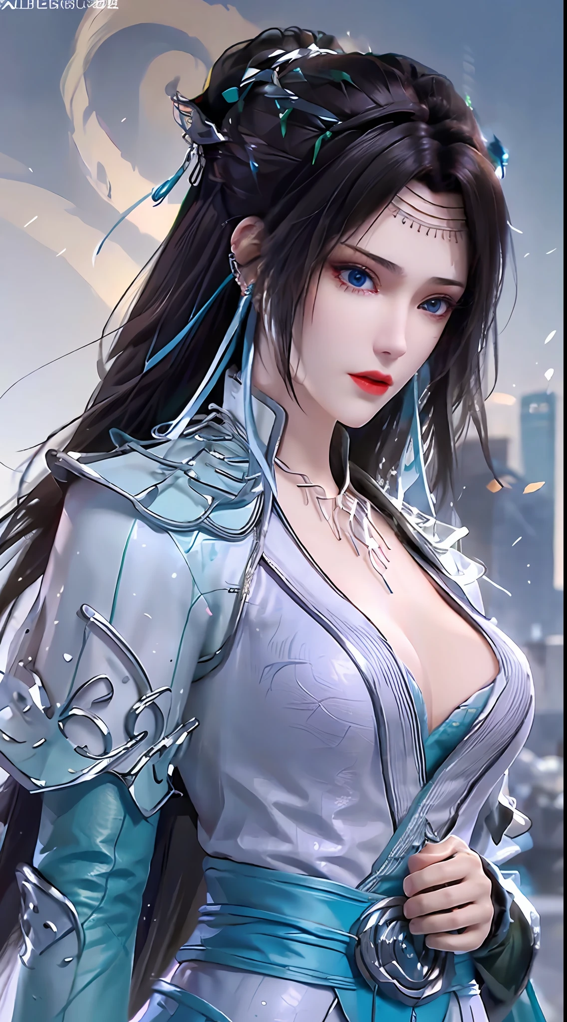 1 hot sexy beautiful girl in blue hanfu silk blouse, blue silk top with white pattern, white lace trim, purple black long ponytail, blue aura on the girl's back, hair jewelry, ear jewelry, necklace and necklace, big blue eyes meticulously made up, thin eyebrows, extremely detailed and sharp eye makeup, high nose, pretty red lips, no smile, pursed lips, rosy cheeks, enlarged breasts, large breasts, well-proportioned breasts, slim waist, blue mesh socks, wide sleeves, (2 straight arms: 1.7), Chinese hanfu style, art motifs fantasy, vivid and true colors, RAW photos, realistic photos, ultra-high quality 8k surreal photos, (wonderful lighting effects: 1.8), 10x pixels, magic effects (background): 1.8) , super detailed eyes, upper body girl, girl portrait, alone girl, hanfu historical background,