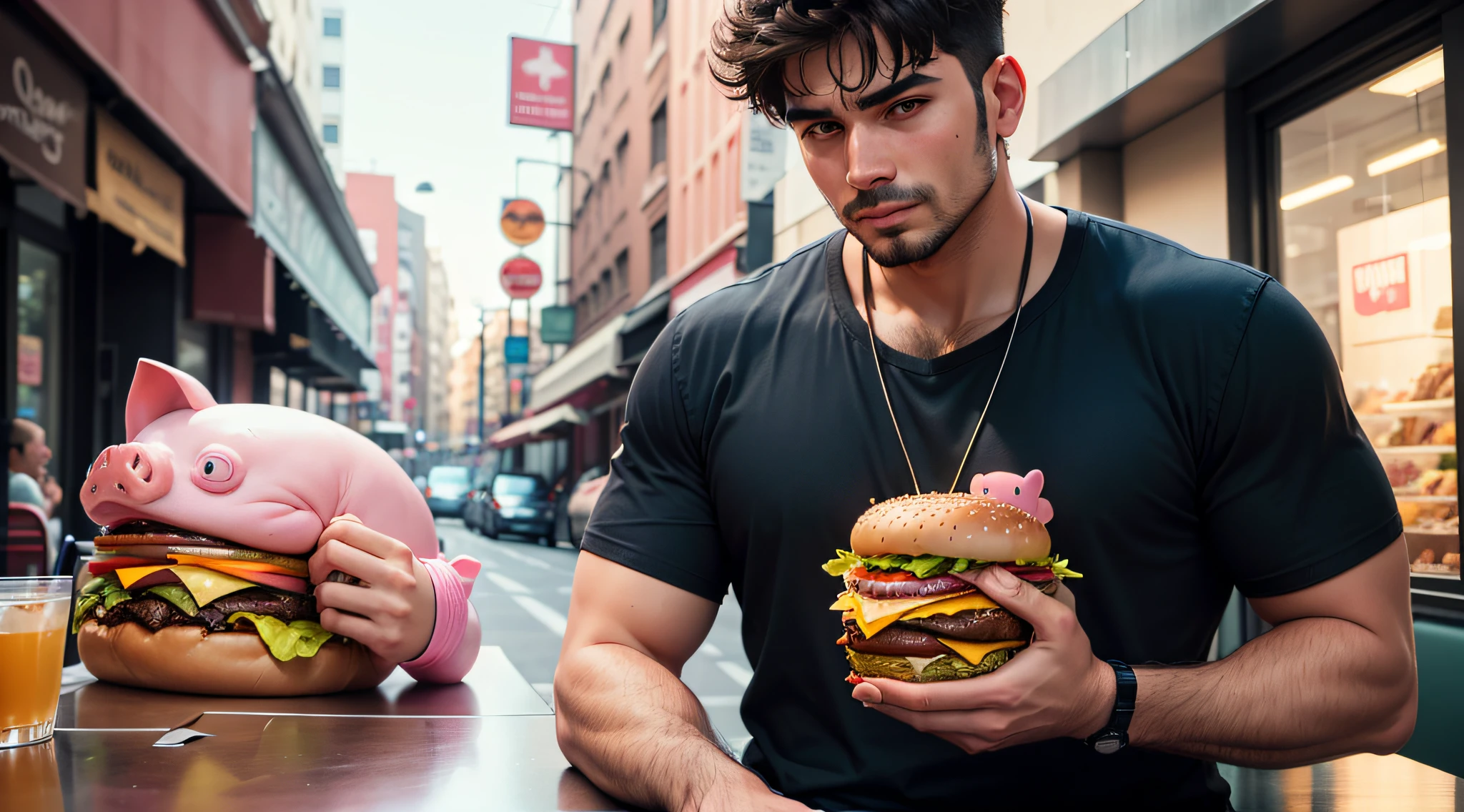A man facing the camera, sipping a burger while holding a pink pig under his arm --auto