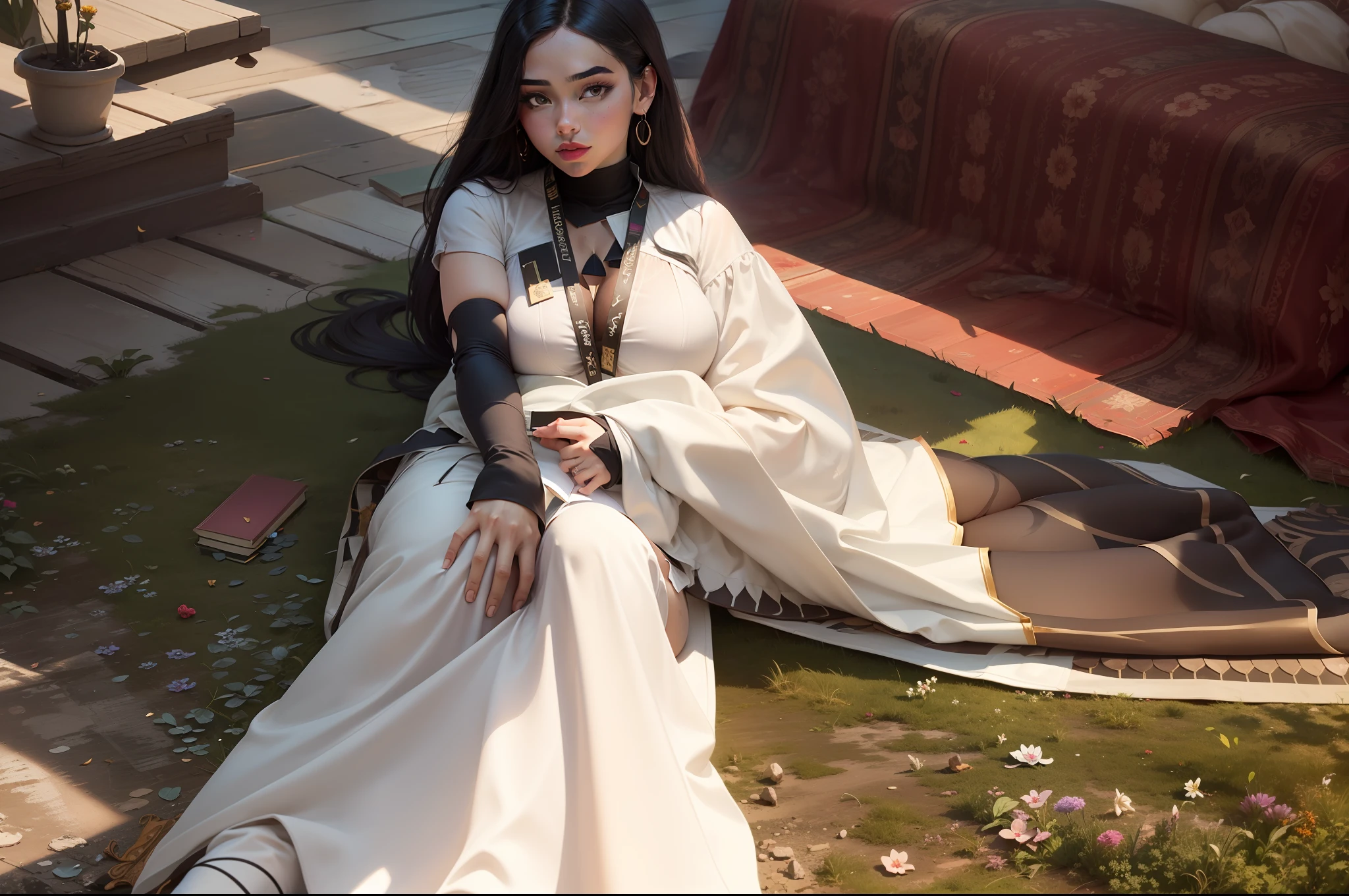 Bold look, floor glass, books and flower in side, boobs showing