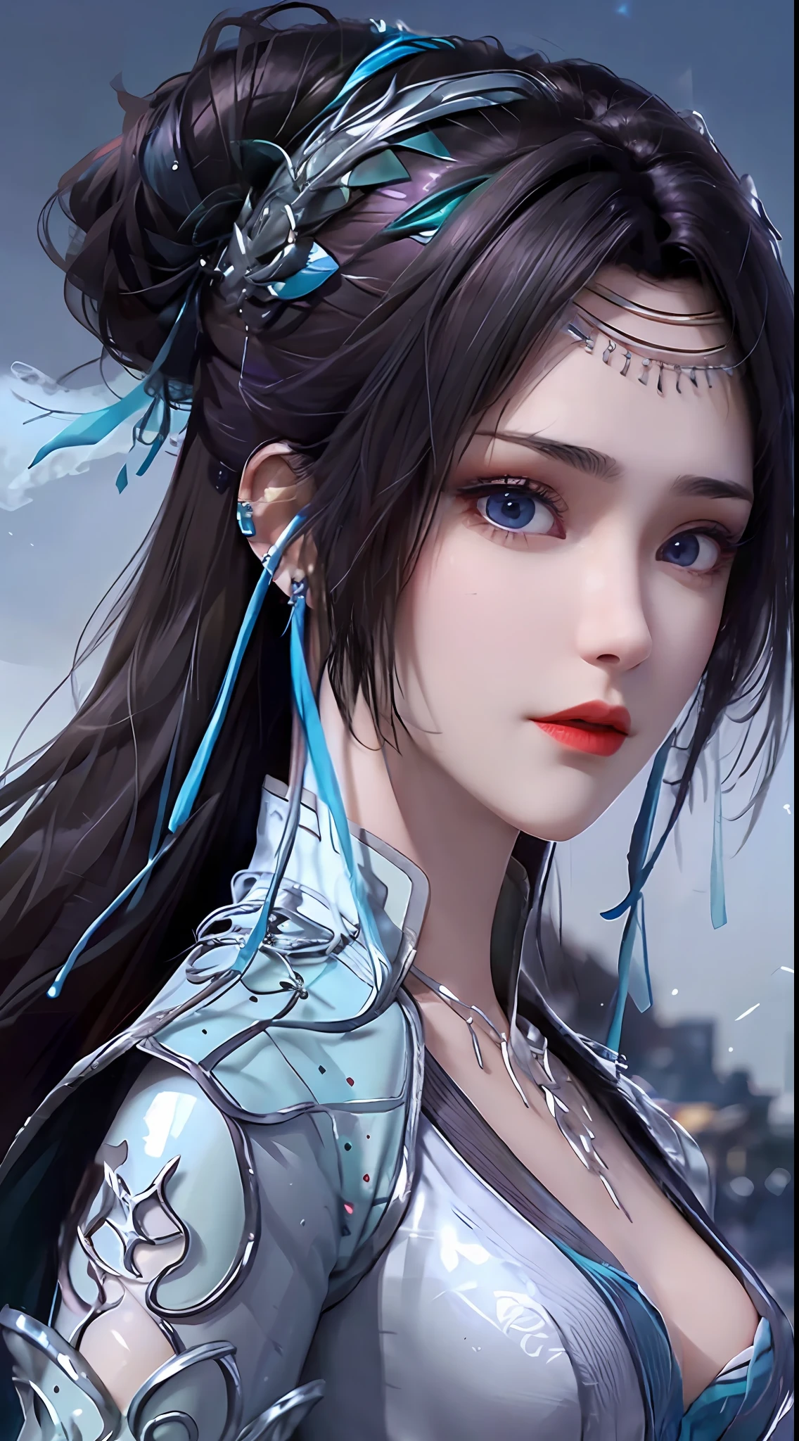 1 hot sexy beautiful girl in blue hanfu silk blouse, blue silk top with white pattern, white lace trim, purple black long ponytail, blue aura on the girl's back, hair jewelry, ear jewelry, necklace and necklace, big blue eyes meticulously made up, thin eyebrows, extremely detailed and sharp eye makeup, high nose, pretty red lips, no smile, pursed lips, rosy cheeks, enlarged breasts, large breasts, well-proportioned breasts, slim waist, blue mesh socks, wide sleeves, (2 straight arms: 1.7), Chinese hanfu style, art motifs fantasy, vivid and true colors, RAW photos, realistic photos, ultra-high quality 8k surreal photos, (wonderful lighting effects: 1.8), 10x pixels, magic effects (background): 1.8) , super detailed eyes, upper body girl, girl portrait, alone girl, hanfu historical background,