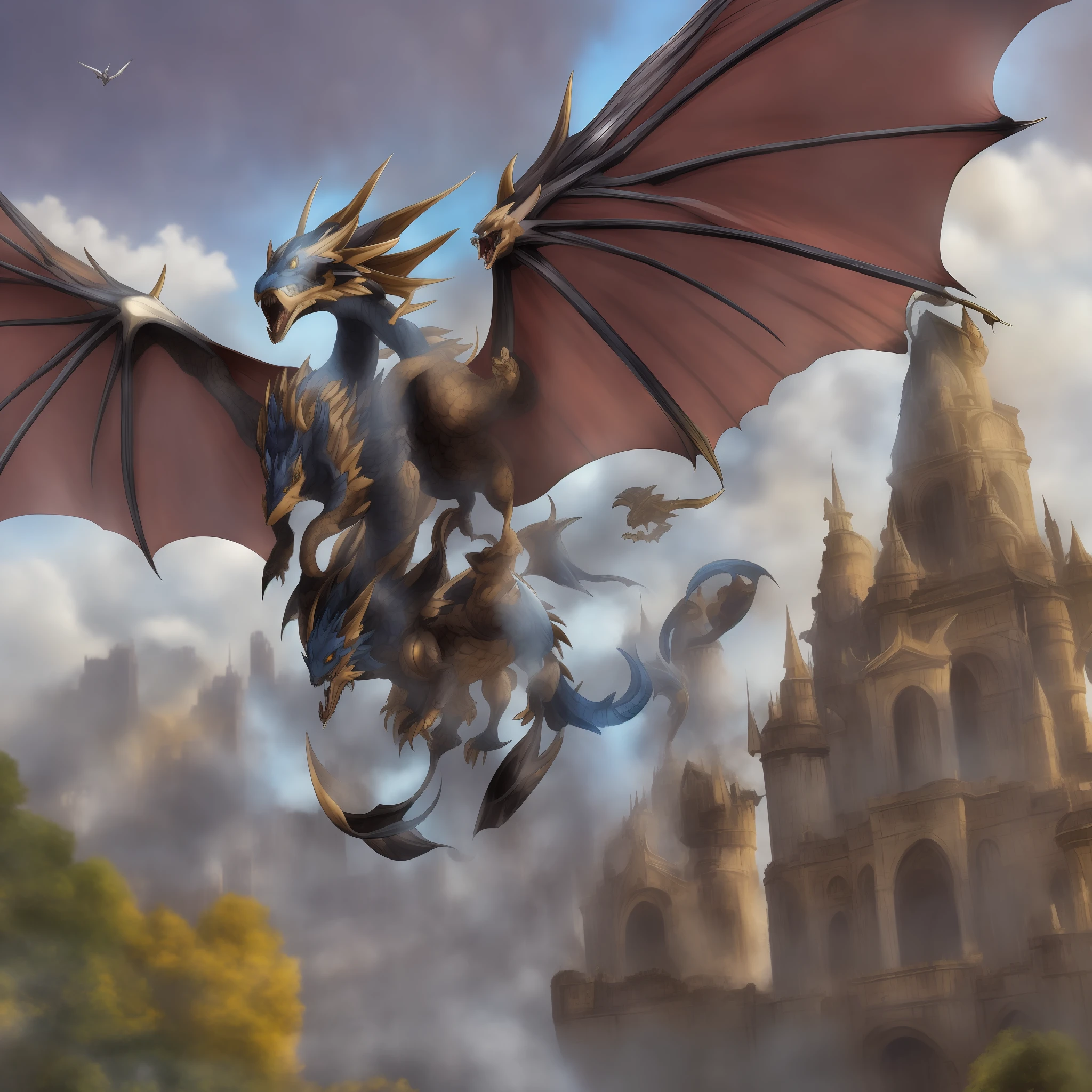 Mechanical wind four-legged wyvern，In flight，Large mechanical dragon horns，Stout mechanical dragon claws，giant mechanical wings，In the heart of Castle Square，Wind magic，It belongs to Digimon