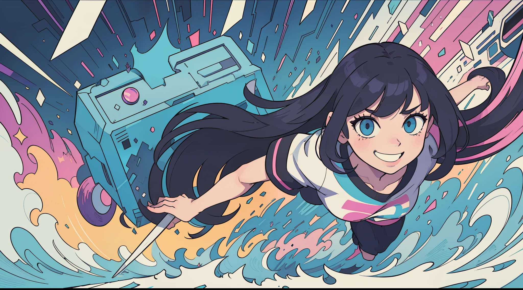 (masterpiece, best quality:1.3), 1girl, smile, running, cel shading, bold outlines, flat colors, sharp shadows, graphic style, (manga influence), clean linework, (striking visuals),multicolored background, glitch art, (digital distortion), pixelated fragments, data corruption,colorful noise, visual chaos,contemporary aesthetics