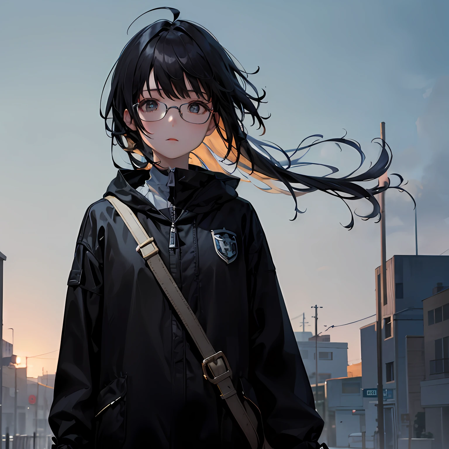 looking confused, Confused eyes, Confused expression, Black hair, ahoge, bangs, wears glasses, hyper HD, retinas, Masterpiece, ccurate, High details, High quality, Best quality, A high resolution ，A youth，The expression is confused，Look into the distance，of a guy