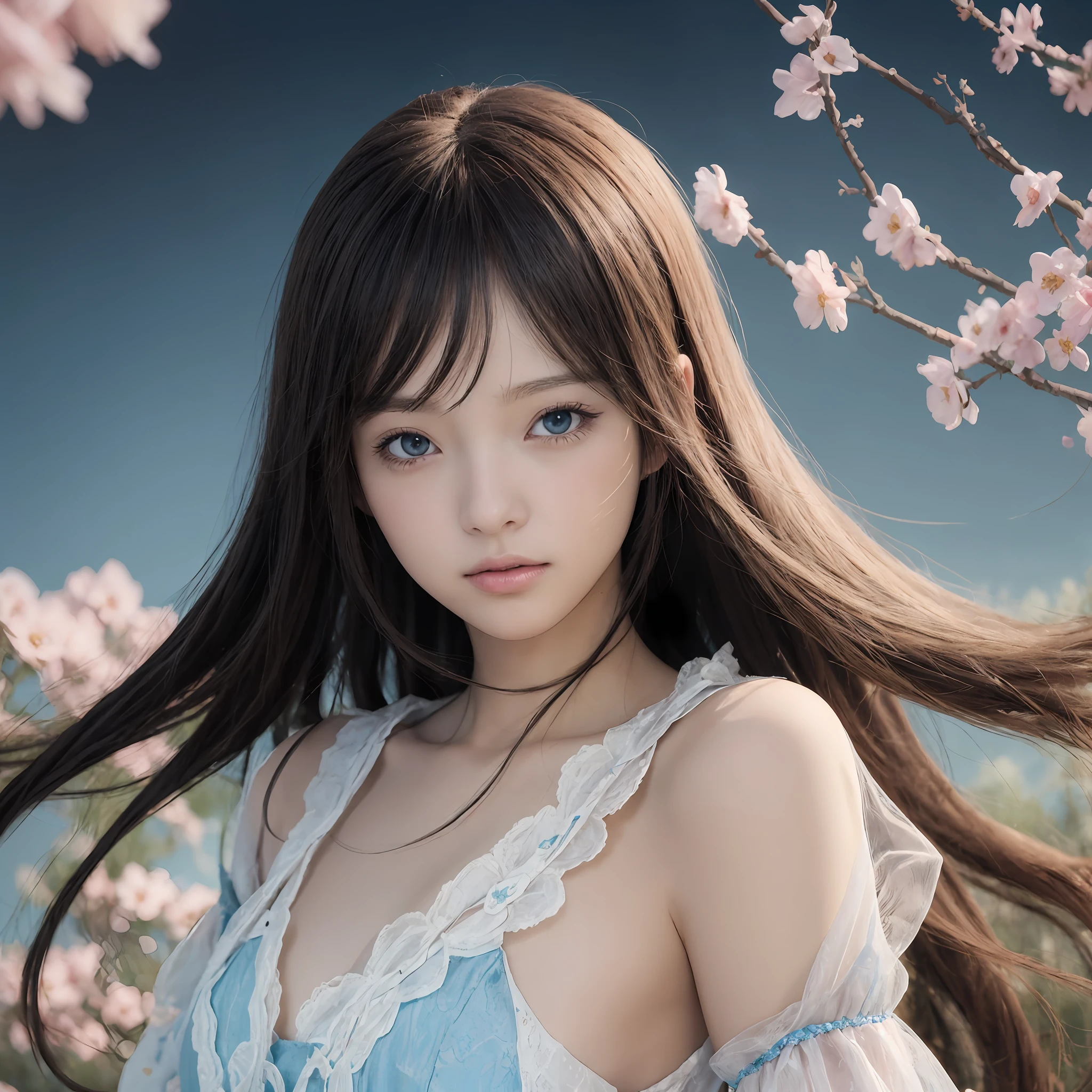 Anime girl with long black hair and blue eyes，Smooth anime CG art，Realistic anime 3 D style，Realistic anime art style，Detailed digital anime art，Digital anime illustration，Realistic anime art style，Kawaii realistic portrait，detailed portrait of an anime girl，a beautiful anime portrait，photorealistic anime girl rendering，Realistic young anime girl， portrait anime girl,shift dresses,Female broken flowers fluffy in runaway princess wind flying sleeves first love milk wearing summer dress
