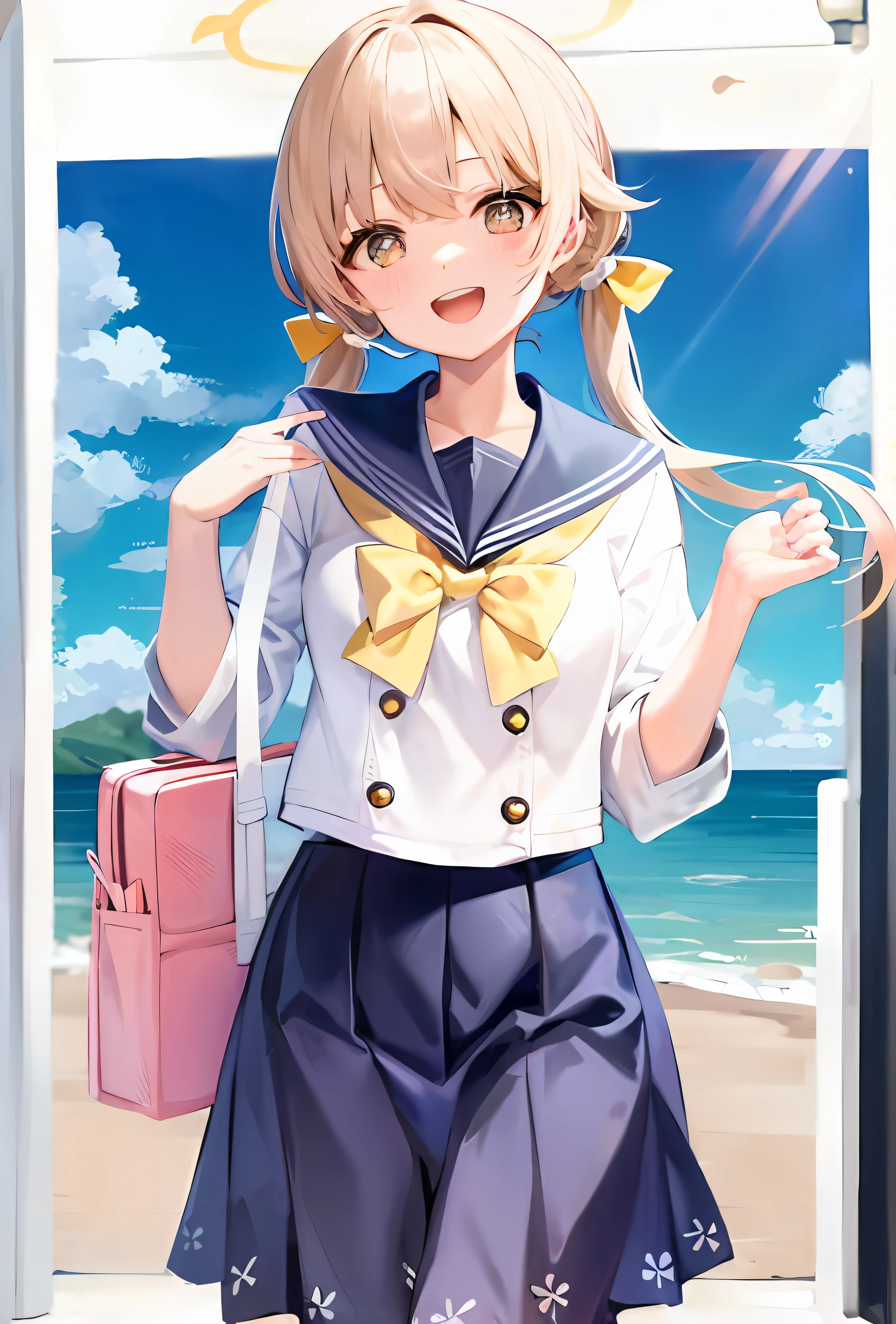 hi-school girl、Wheat-colored、a sailor suit、sea side