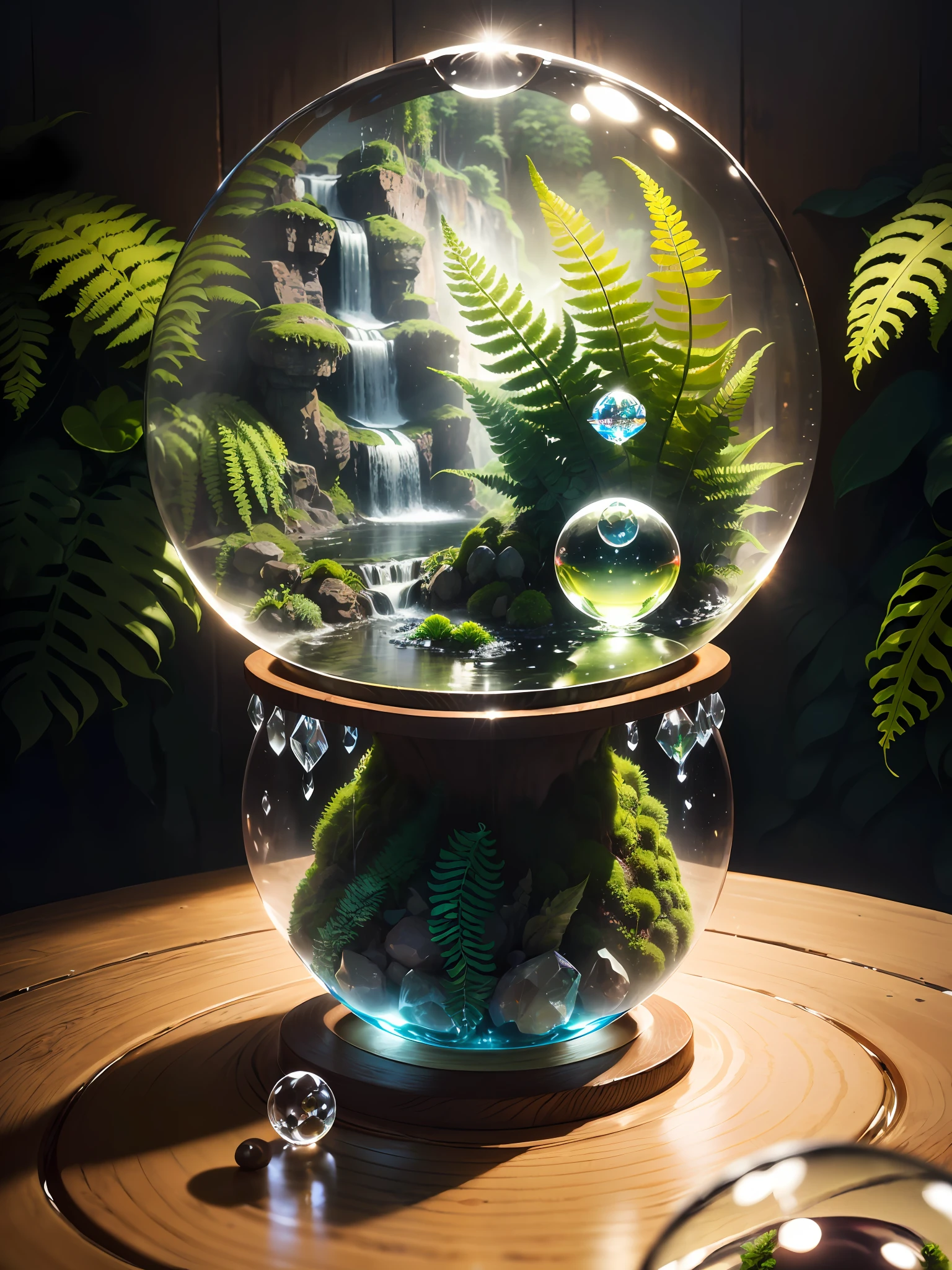 Hyper-realistic、16K High Resolution、small-scale、(Maximum Sharp Focus:1.3)、(Maximum Close-up:1.5)、(Waterfall trapped in a crystal ball with pedestal on table:1.4)、Inside the crystal ball(mosses、ferns:1.5)、(mountain stream、White fog background:0.7)、