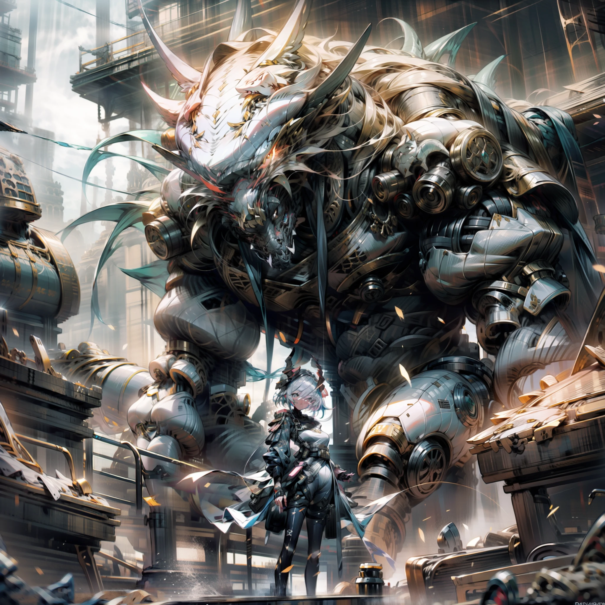 1girll,It has vertical dragon horns,White combat uniform,driver,a beauty girl,8K,tmasterpiece,Epic picture quality