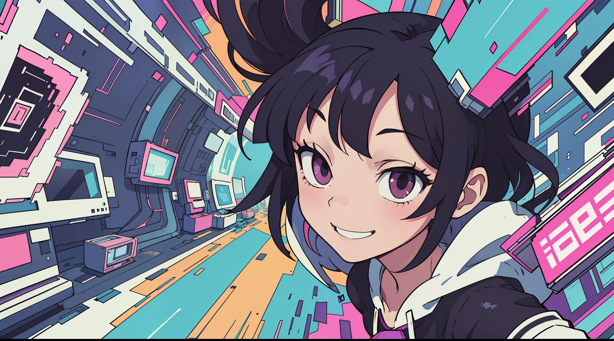 (masutepiece, Best Quality:1.3), 1girl in, Smile, Running, multicolored background, glitch art, (digital distortion), pixelated fragments, data corruption,Colorful Noise, visual chaos, modern aesthetic