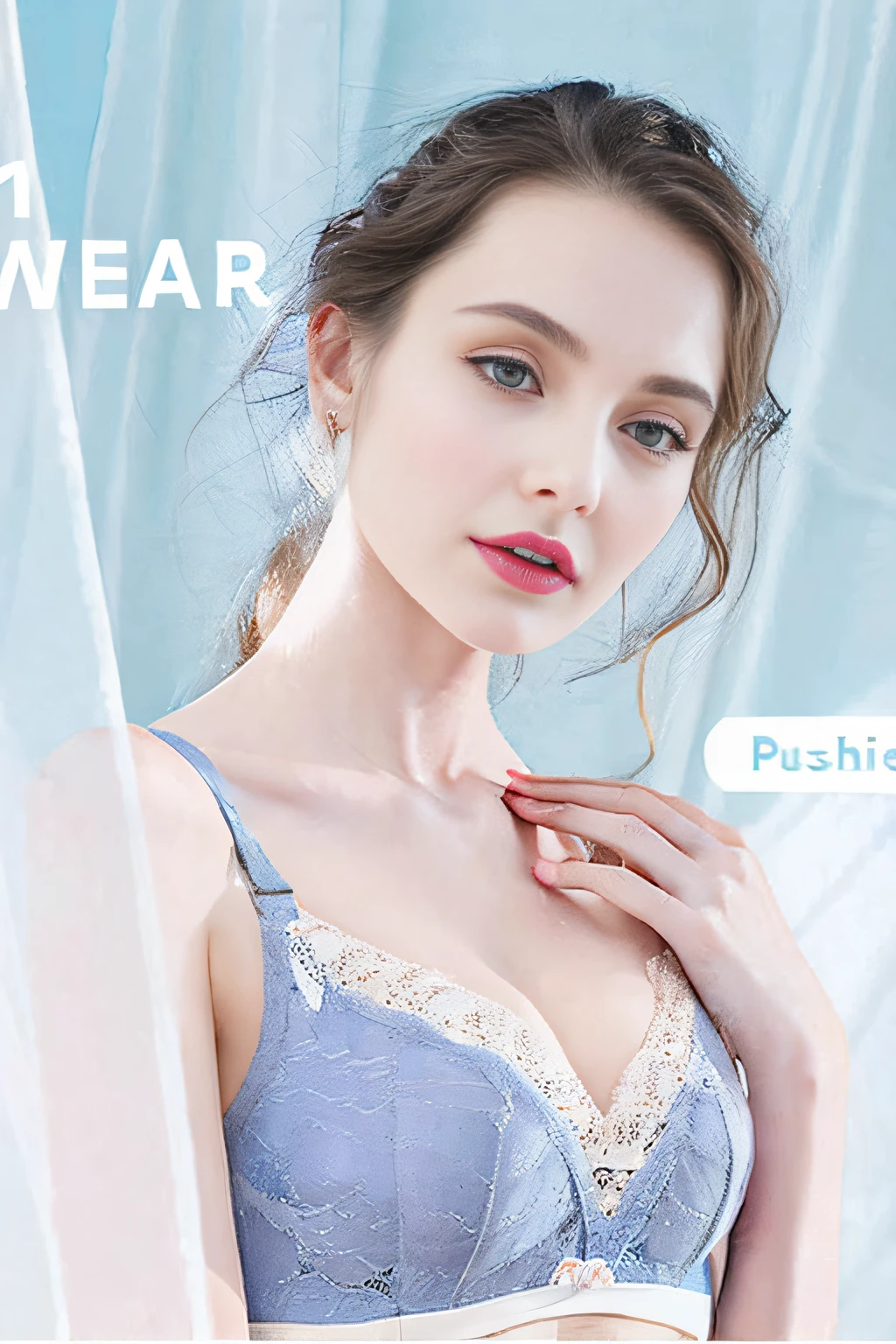 Aravis woman wearing a blue bra，sheerfabric,  push up bras, wearing a bra, wings lace wear, tight push up bra, very tight small push up bra, wavy lingeries, bralette, 2 0 2 0 fashion, lingeries beauty, push-up underwire, push-up underwire. Intricate, Bra, Summer, Lingerie