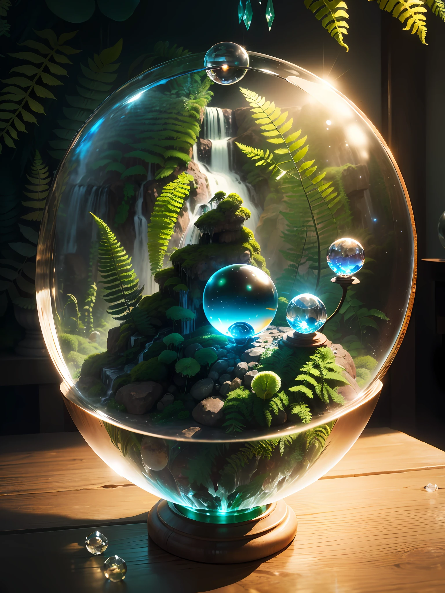 Hyper-realistic、16K High Resolution、small-scale、(Maximum Sharp Focus:1.3)、(Maximum Close-up:1.5)、(Waterfall trapped in a crystal ball with pedestal on table:1.4)、Inside the crystal ball(mosses、ferns:1.5)、(mountain stream、White fog background:0.7)、