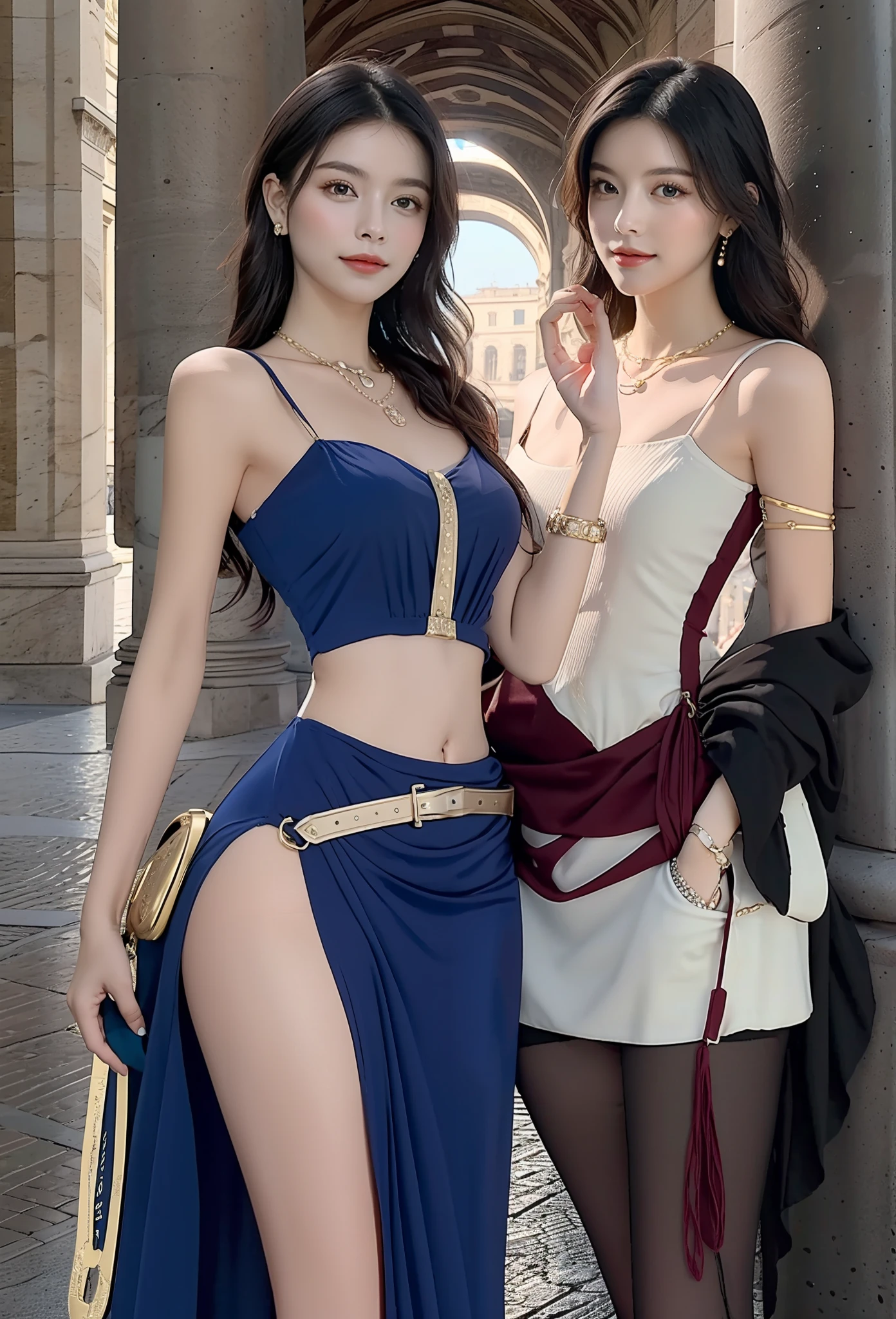 masterpiece, 4K, best quality, FELute, necklace,gorgeous dress, (on the St. Peter's Square of Vatican,crowd),bracers, cowboy shot, looking at viewer, smirk, hand up