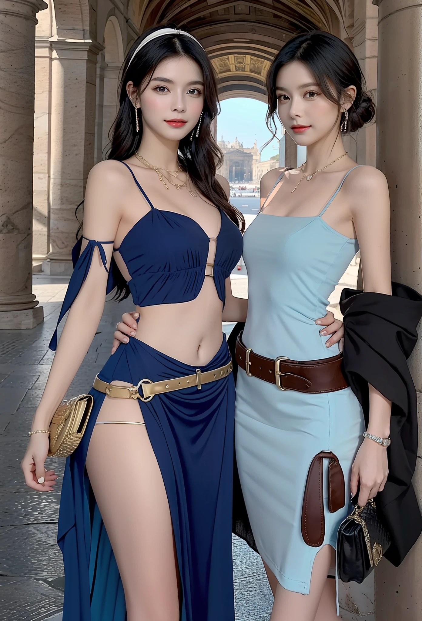 masterpiece, 4K, best quality, FELute, necklace,gorgeous dress, (on the St. Peter's Square of Vatican,crowd),bracers, cowboy shot, looking at viewer, smirk, hand up
