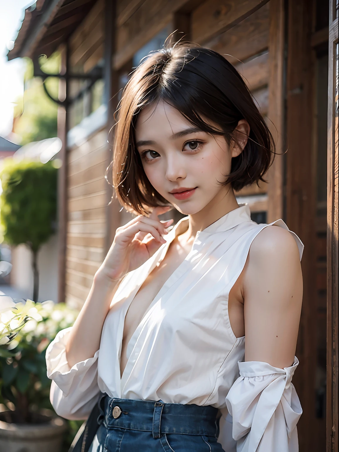 (in 8K, top-quality, a masterpiece of:1.2), (realisitic, Photorealsitic:1.37), ultra-detailliert, small tits、Skinny face、de pele branca、A Japanese Lady,cute little, Narrow slit eyes、Small eyes、Small, Narrow eyes、30-years old,独奏,Nasal blush、A smile、a closed mouth、tiny chest、Delicate body、Black eyes、beatiful detailed eyes、Single eyelid、poneyTail、A dark-haired 、short cut hair、fullllbody、Skinny Legs、see -through、White blouse