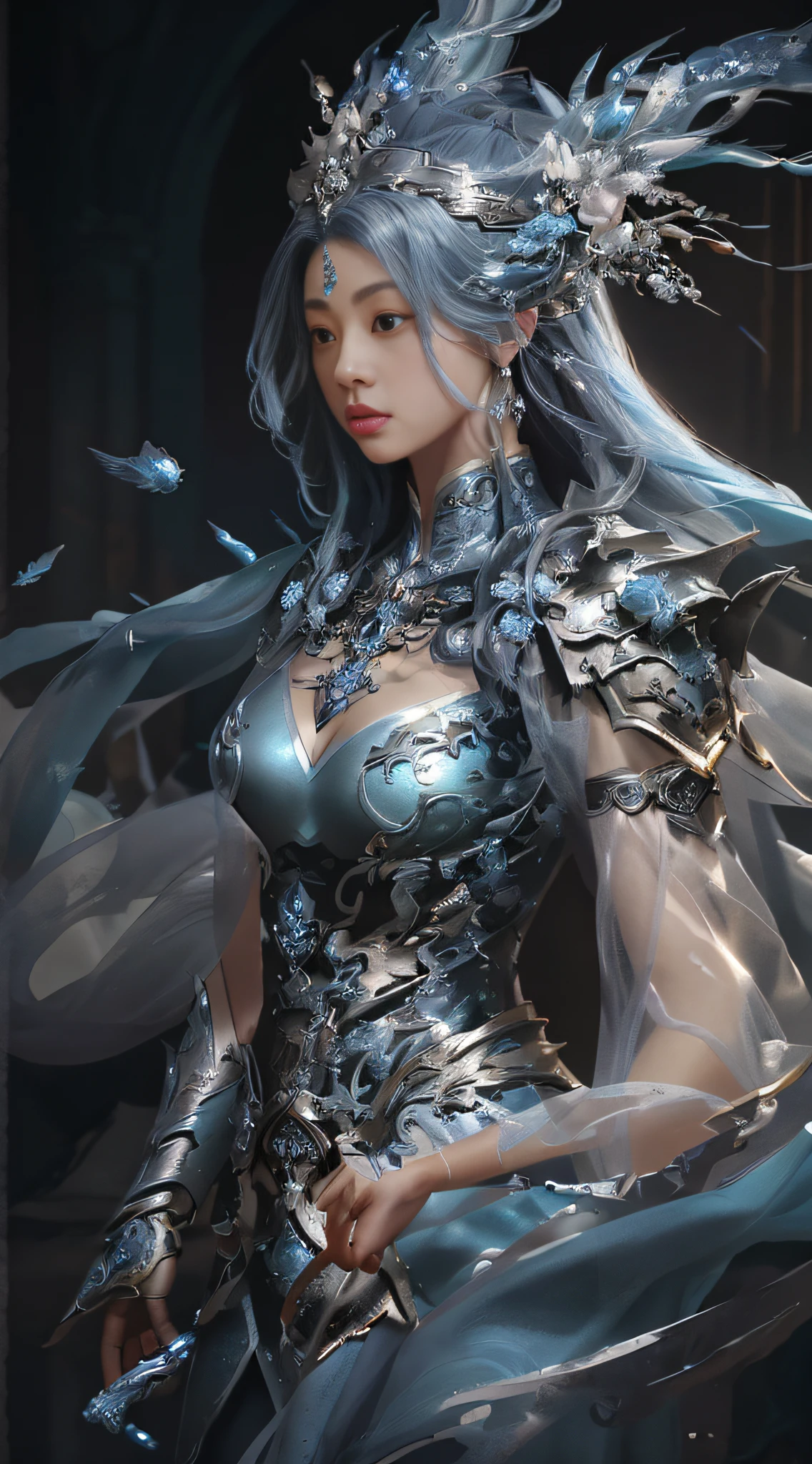 a close up of a woman in a silver and blue dress, chengwei pan on artstation, by Yang J, detailed fantasy art, stunning character art, fanart best artstation, epic exquisite character art, beautiful armor, extremely detailed artgerm, detailed digital anime art, artgerm on artstation pixiv, armor girl