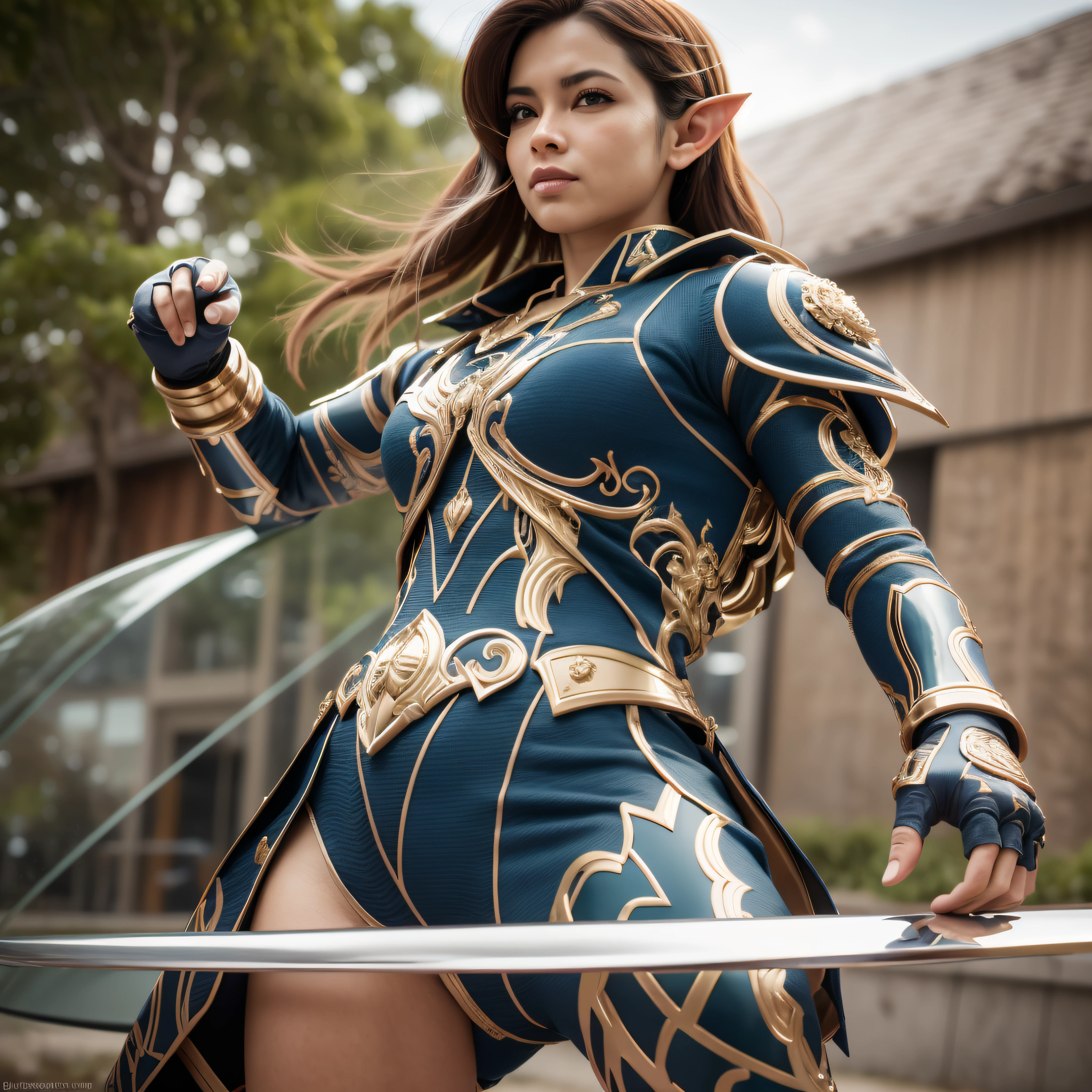 Link de the legend of zelda em roupa azul e bege segurando em poses de combate como em street fighter, Zelda, Retrato de Zelda, de lenda de Zelda, Link da lenda de Zelda, link do Zelda, Fotos cosplay, Cosplay ornamentado, Cosplay profissional, Cosplay, Cosplay Completo, Artgerm Moody Fotografia, Campos Hyrule, ray-traced, 3D-rendering, extremanente detalhado, alta qualidade, luz e sombra realistas, cabelos loiros, eye reflection, sorriso leve, ray tracing, ray tracing, High detail, Realismo, hiper-realismo, profundidade de campo, Cinematic lighting, desfoque de movimento, brilho, luz brilhante, raios de deus, ray tracing, reflection light, Afterimage, Multiple views, Reflexo da lente, Bokeh, 4k, UHD, master part, anatomicamente correto, pele texturizada, super detalhe, alta qualidade, melhor qualidade, 8k