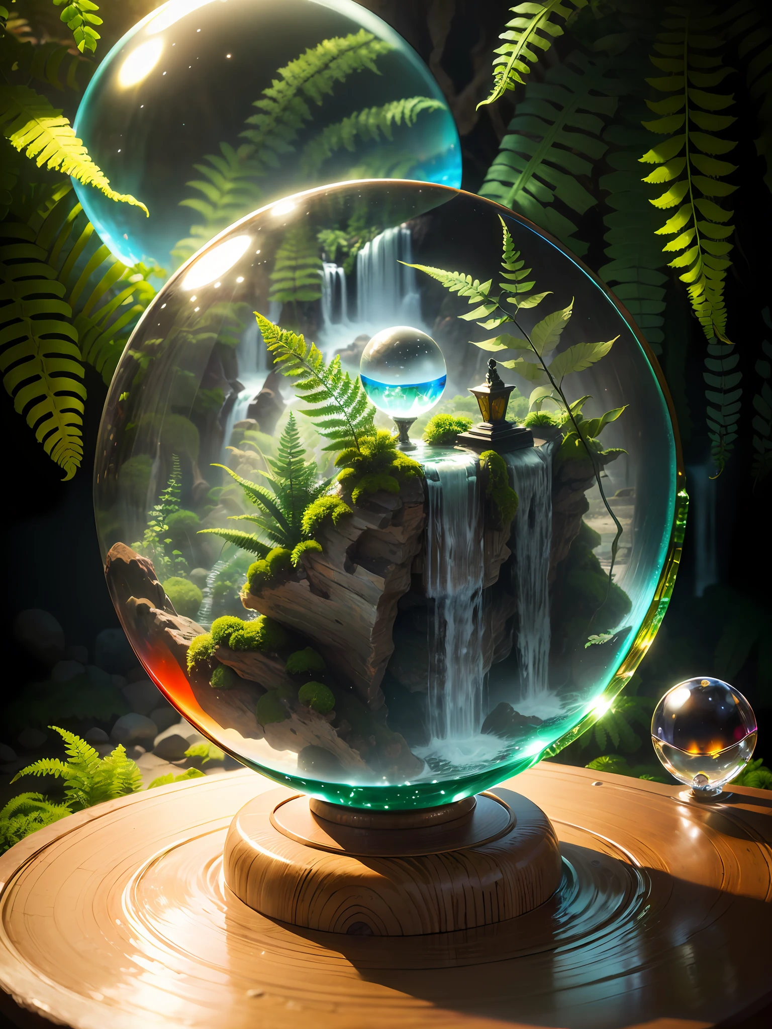 Hyper-realistic、16K High Resolution、small-scale、(Maximum Sharp Focus:1.3)、(Maximum Close-up:1.5)、(Waterfall trapped in a crystal ball with pedestal on table:1.4)、Inside the crystal ball(mosses、ferns:1.5)、(mountain stream、White fog background:0.7)、