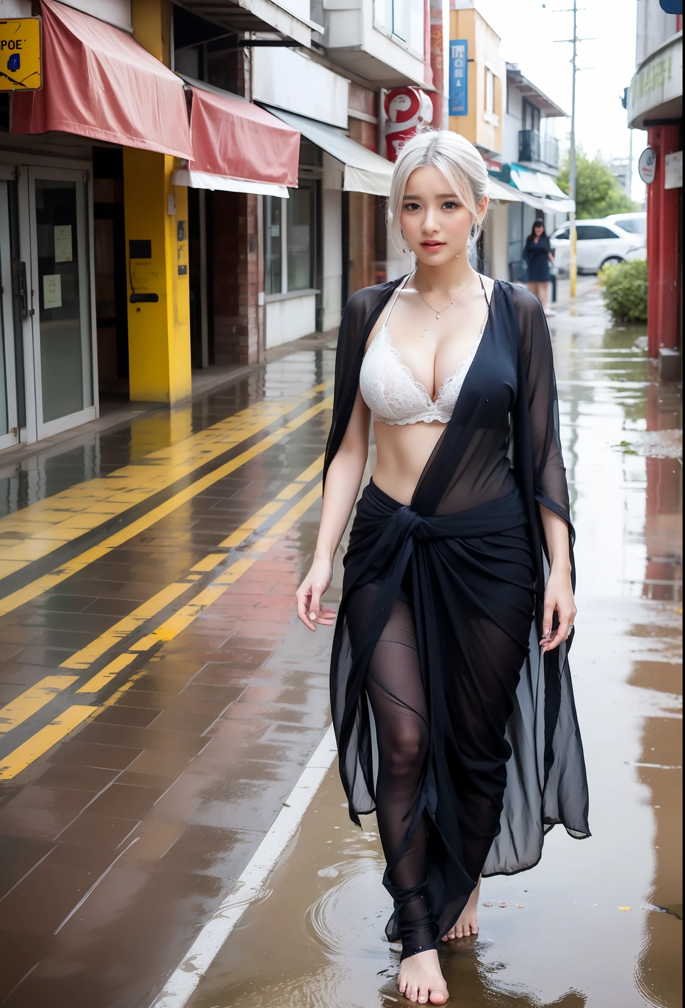 Beautyfull white British girl ever wearing sari,white hair, inside beach,wet body, wet hair, wet clothes, raining outside, standing on rain,streets, big boobs, cleavage,[walking on street]